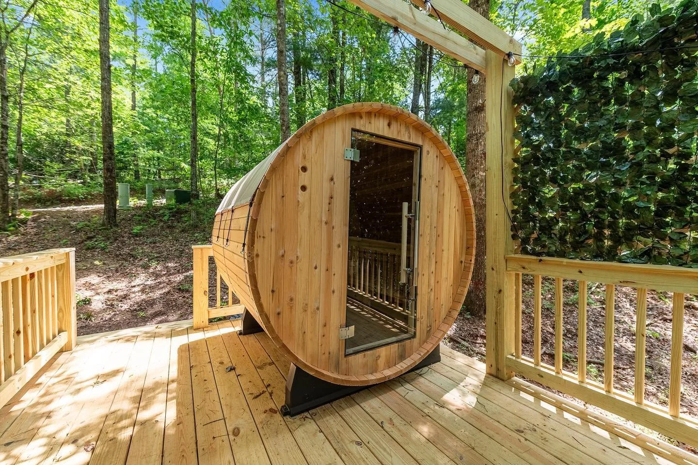 Finally finished building our New Outdoor Barrel Sauna for guests to use complimentary at our Bliss &amp; Restore cabins in Blue Ridge!

Enjoy a relaxing view of nature from the glass window &amp; feel tucked away while relaxing outside on the platfo