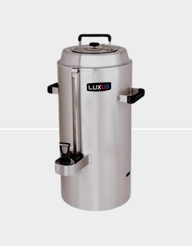 Fetco L4D-15TLA Luxus 1.5 Gallon Stainless Steel Hands-Free Coffee  Dispenser with Stand and Antimicrobial Handle