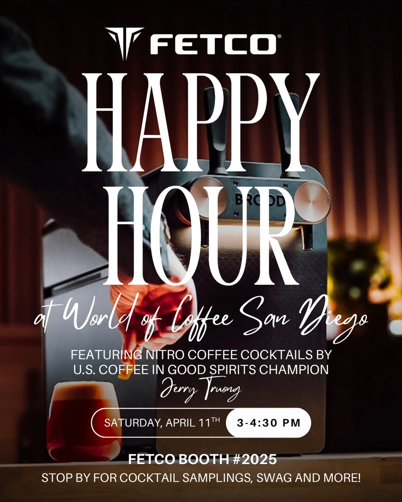 Join us for a happy hour event at WOC San Diego featuring nitro cocktails by @uscoffeeingoodspirits champion @not_jerryminht! 

🗓️ Saturday, April 11th, 3-4:30pm
📍 FETCO booth #2025

Can&rsquo;t wait to see you in San Diego! 🌞

#specialtycoffee #w