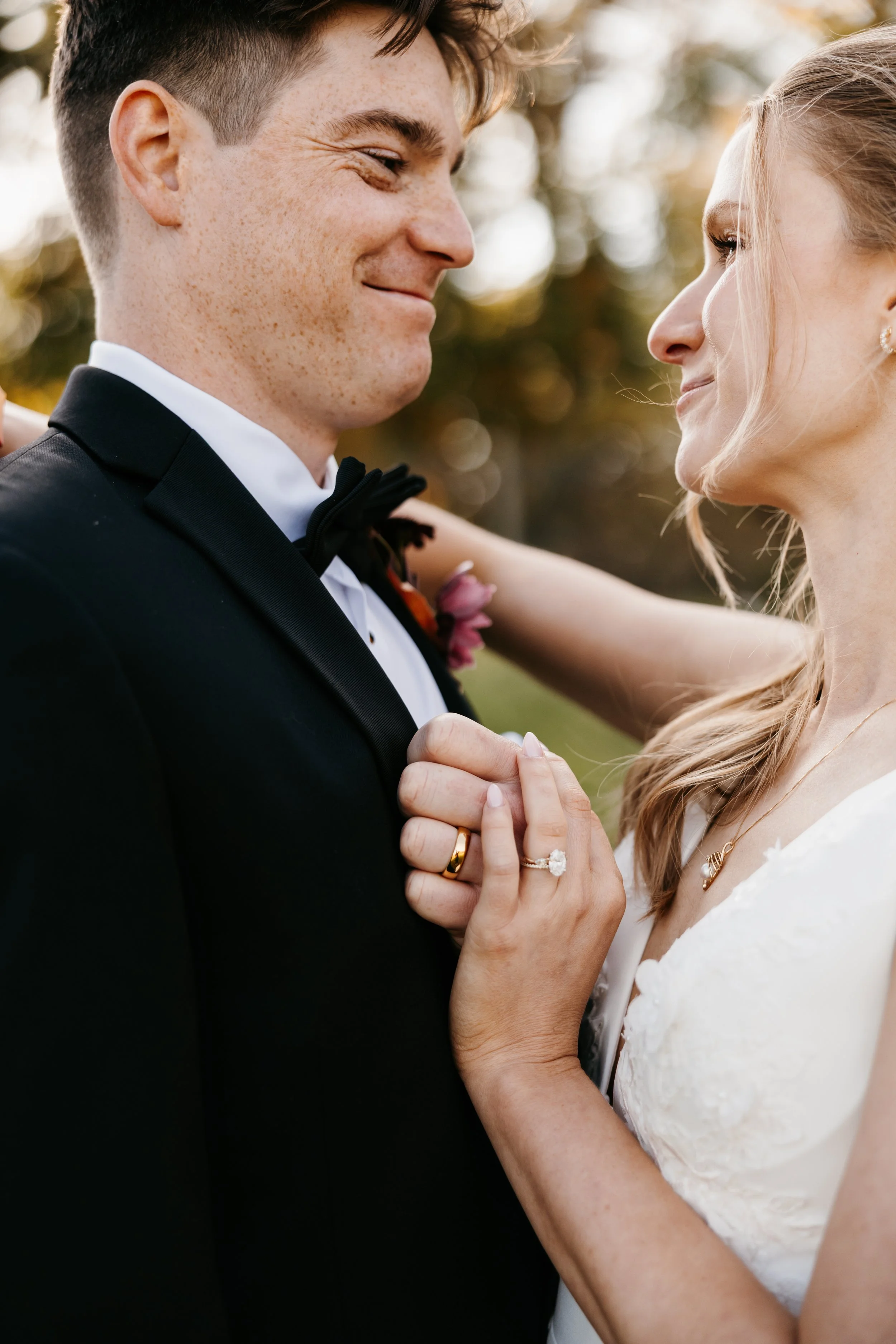 Bride and groom stare into each others eyes