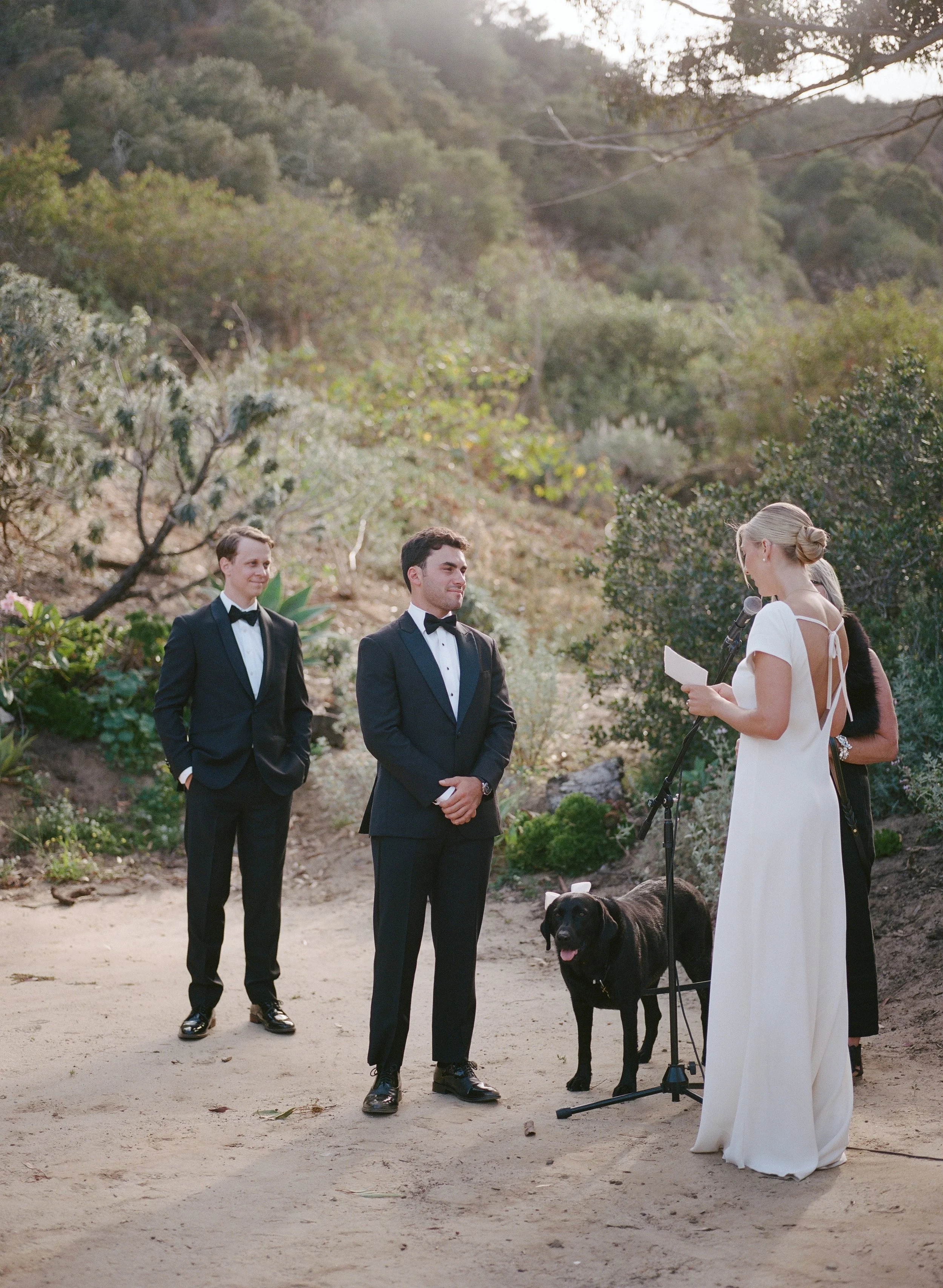 A wedding ceremony outdoors with two grooms, dressed in suits with bow ties, standing in front of a woman reading vows into a microphone. The woman wears a white dress with open back details. A black dog is standing near the woman, and the background