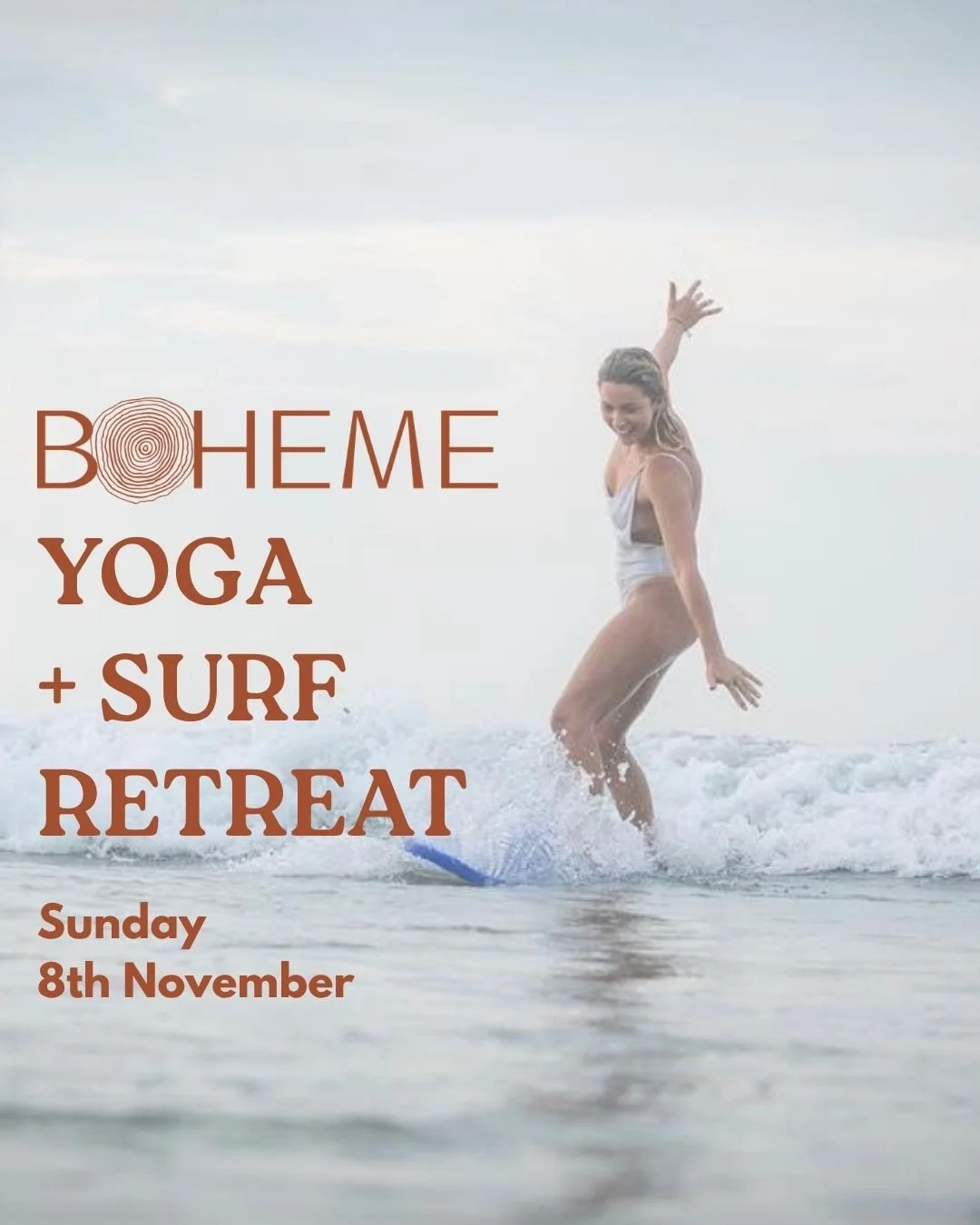 Join Amy for a  carefully curated day of movement, rest, connection + adventure at our Boheme Surf + Yoga Retreat.

This is an invitation to you to take a day for yourself, try something new + remember who you are.

A completely beginner friendly exp