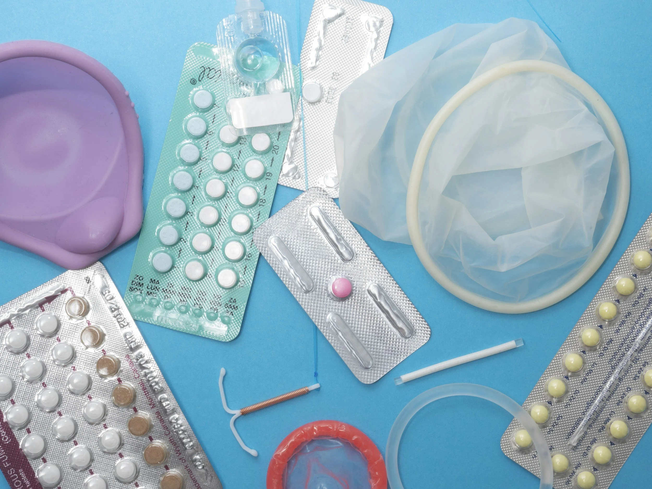 Various contraceptive methods including pills, condoms, IUD, and diaphragm.