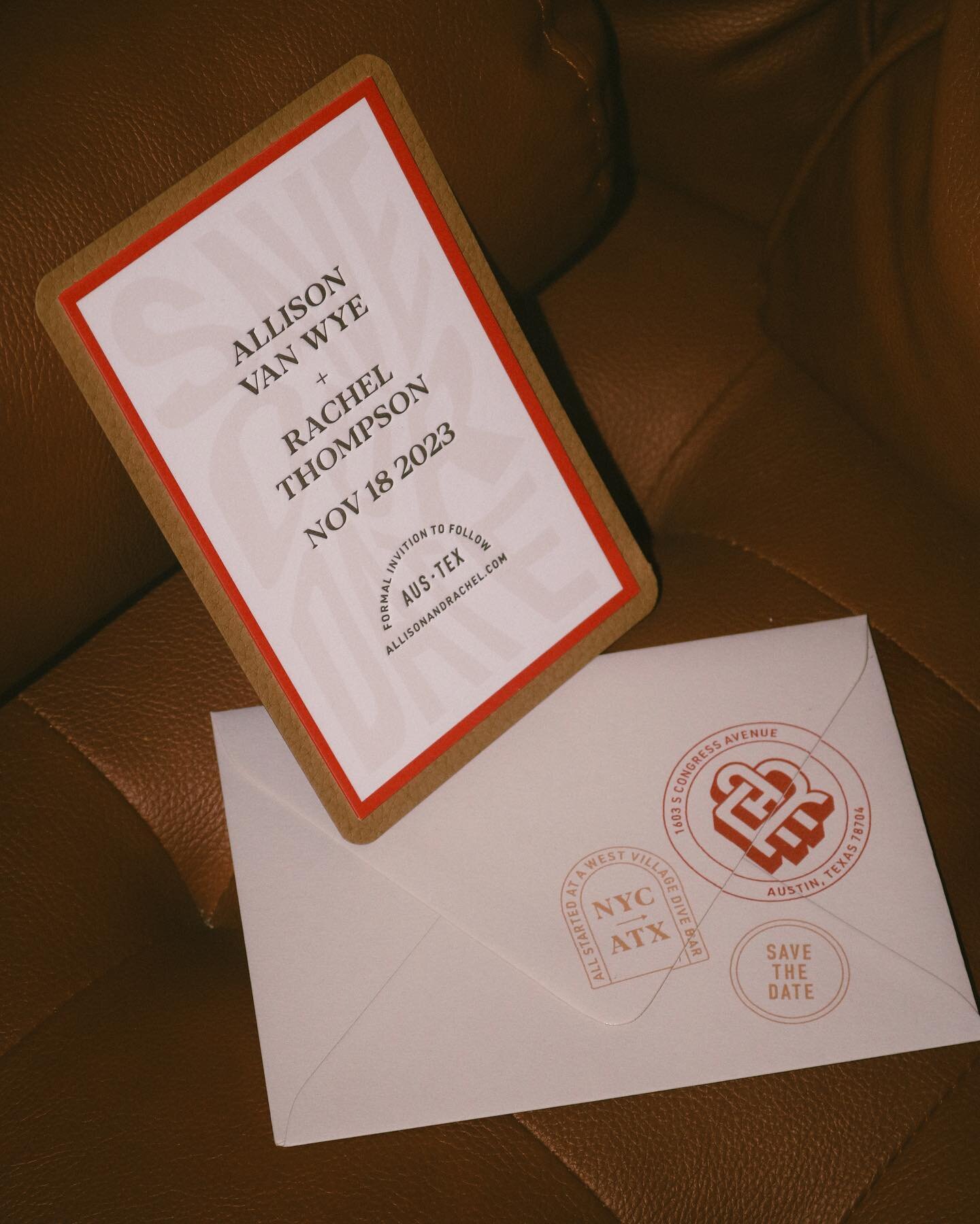 Save the date featuring letterpress, leather-look paper backing, and funky envelope design