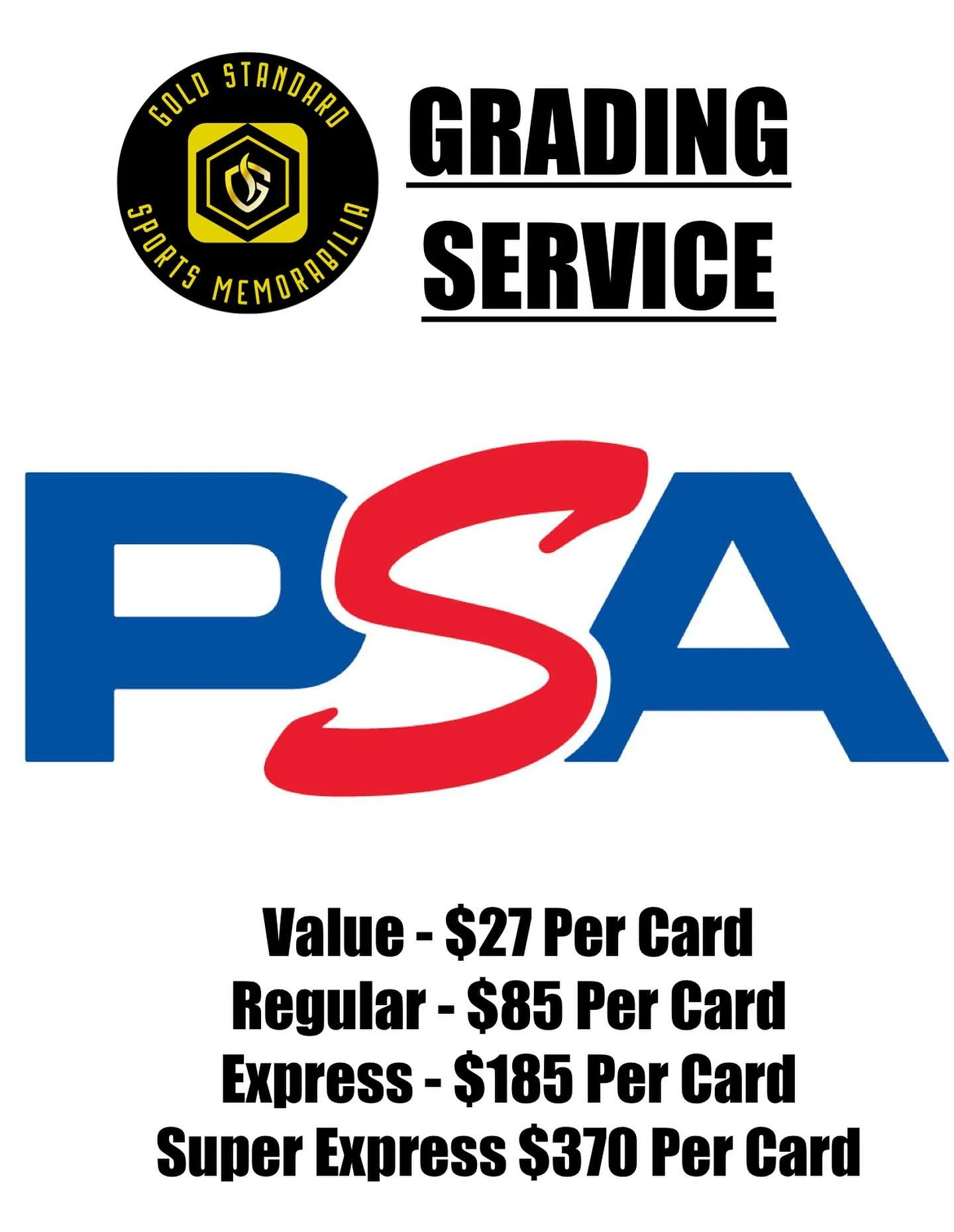 Updated Grading Pricing. 
Under Services Tab on Site there is a logging portal where you can log your cards for send off, once logged you will get email from us with shipping address and expected cost. Happy Grading!!