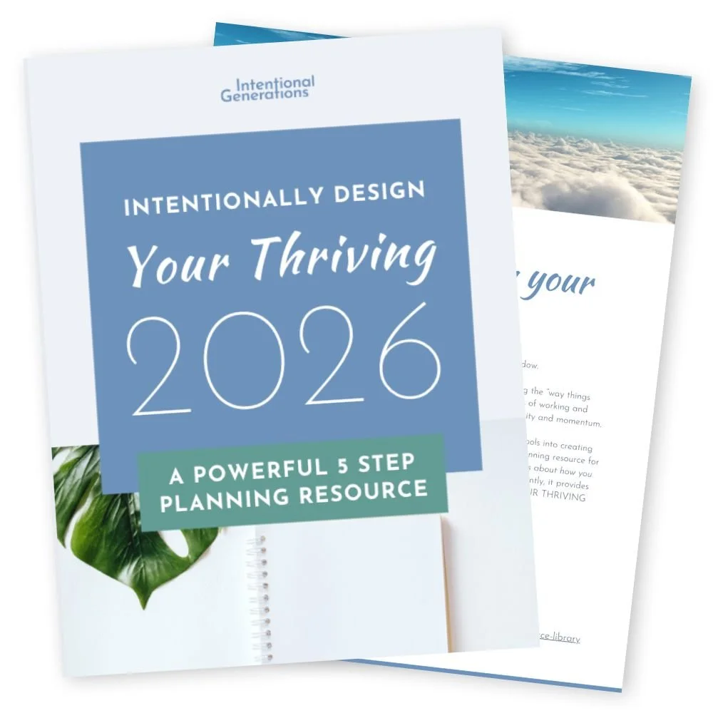 Cover of a planner created by Intentional Generations titled "Intentionally Design Your Thriving 2026" with a subtitle "A Powerful 5 Step Planning Resource" and a background image of clouds and sky.