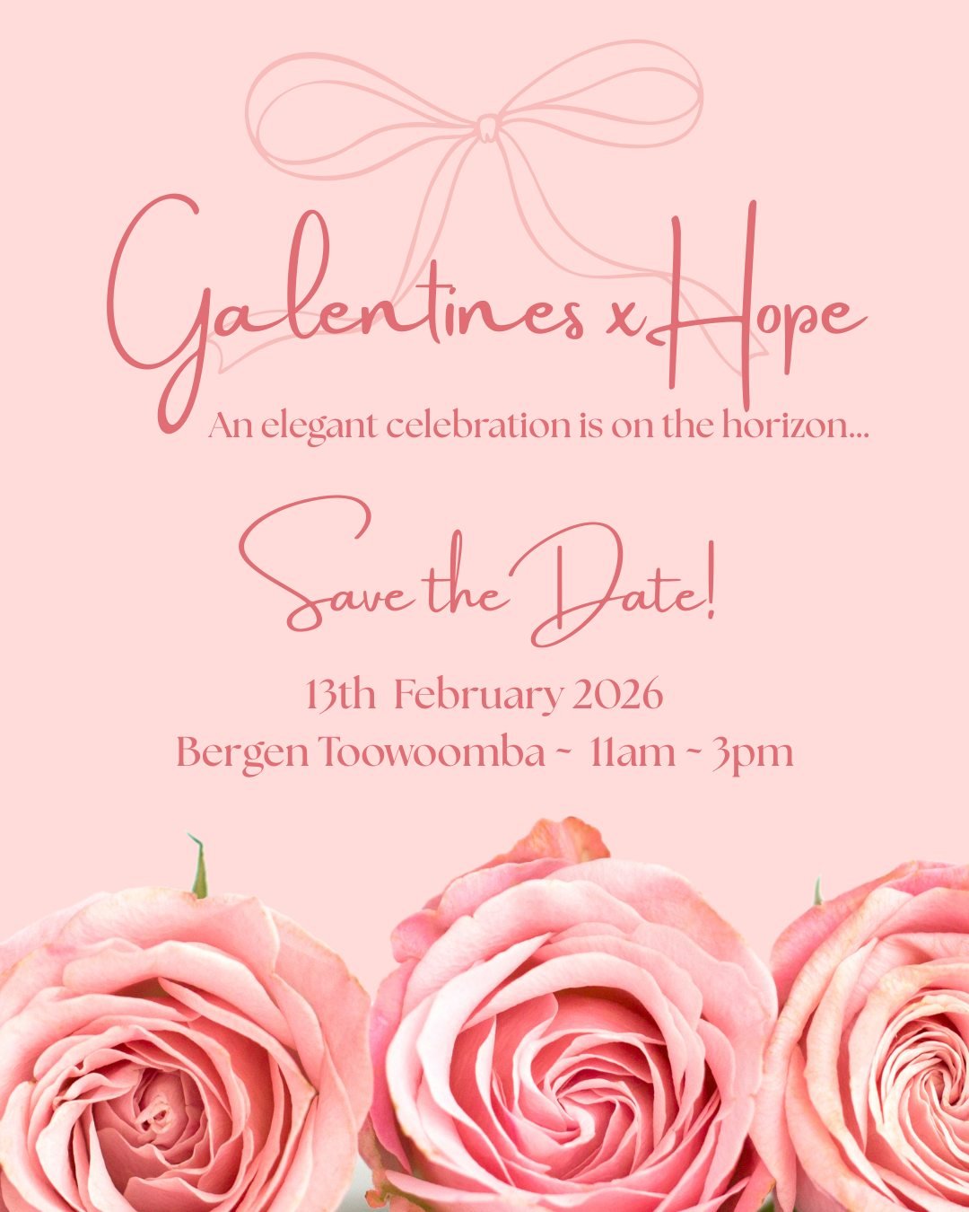 Save the Date!

Galentines x Hope - An elegant celebration is on the horizon&hellip;

13 February 2026
Bergen Toowoomba
11am &ndash; 3pm
 
It&rsquo;s more than a lunch, it&rsquo;s a celebration of the women who lift us higher.

Join us for a beautifu