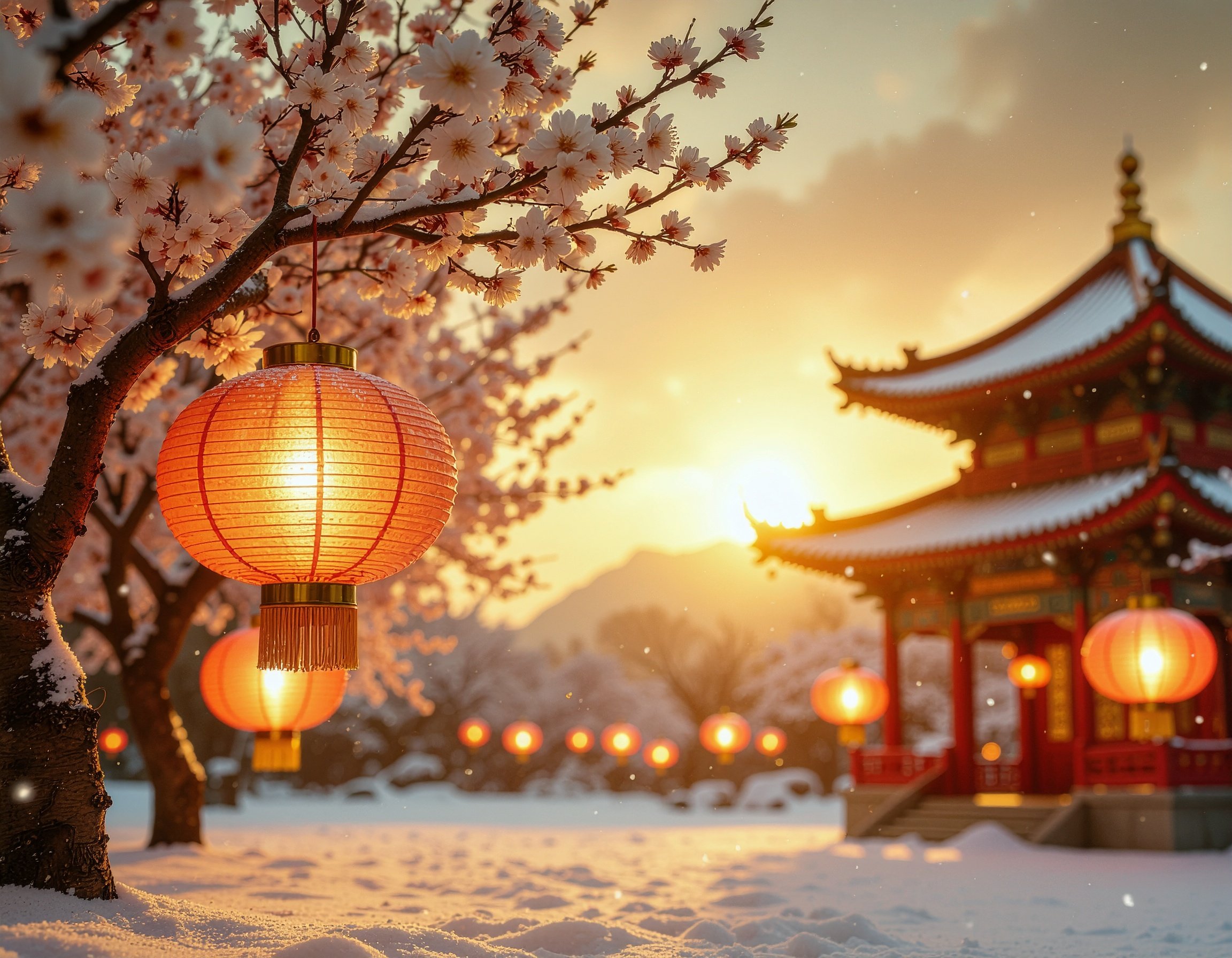 Image of a pagoda in winter with a Chinese lantern in the foreground..