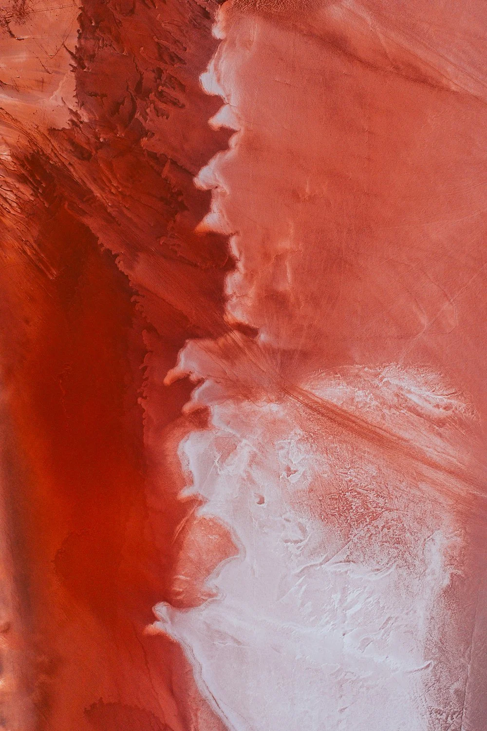 Abstract painting with shades of red, white, and pink, featuring flowing textures and patterns.