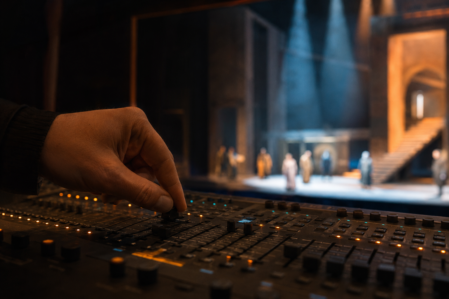Nahaufnahme einer Hand, die an einem Mischpult in einem Theater oder auf einer Bühne arbeitet, im Hintergrund eine Unterhaltungsproduktion mit Schauspielern auf der Bühne.