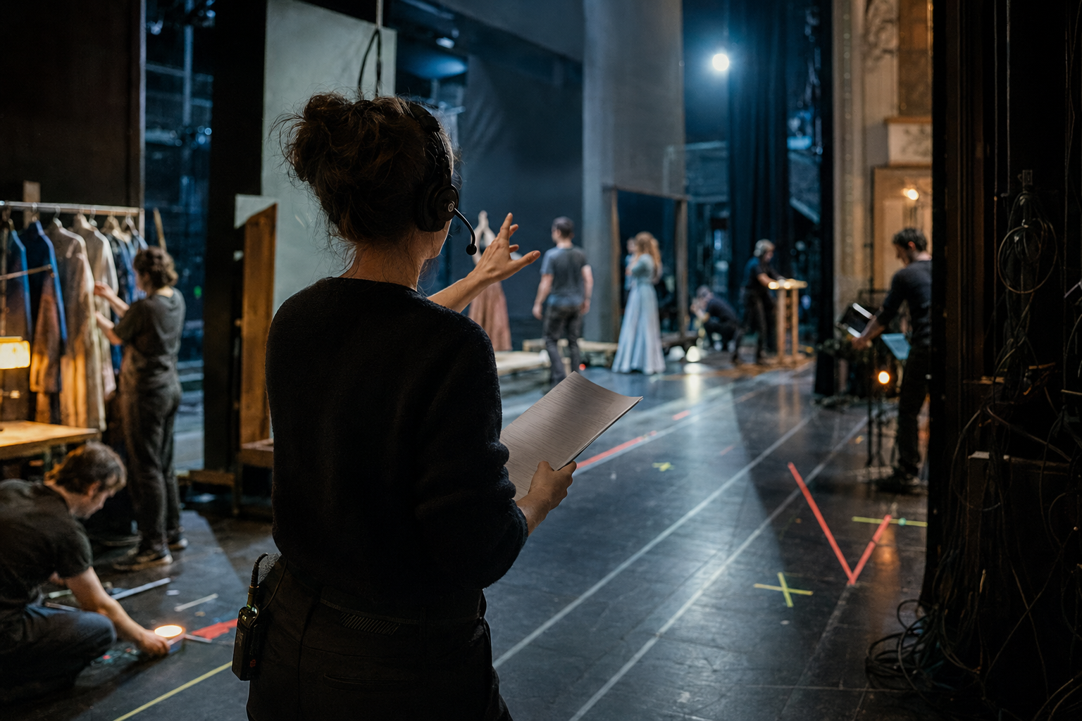 Blick auf eine Theaterbühne während der Probe, mit Regieassistentin im Vordergrund, die Anweisungen gibt, während im Hintergrund Schauspieler für eine Aufführung proben und technische Mitarbeiter an der Bühne arbeiten.