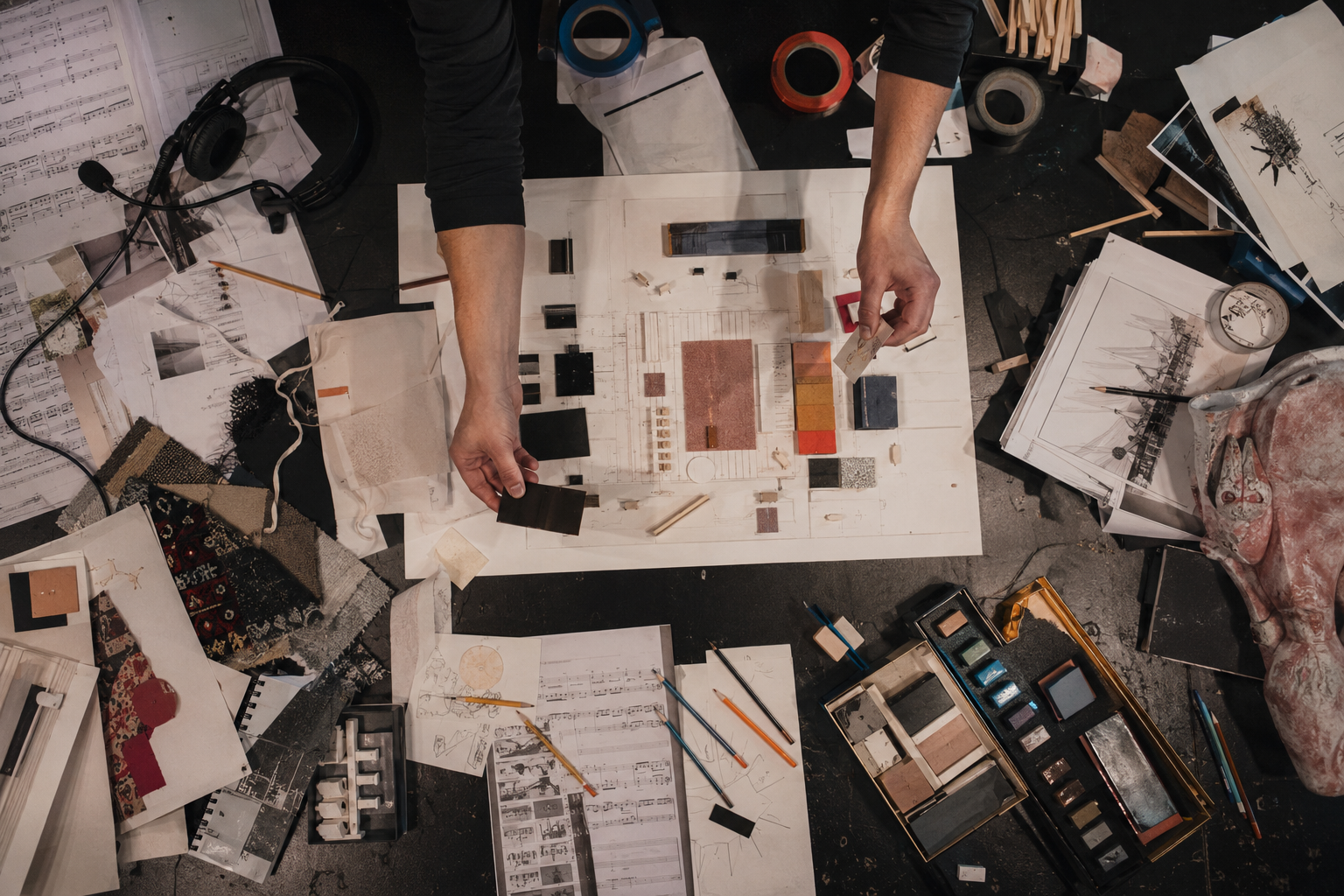Architekt arbeitet an einem Bauplan auf einem Tisch voller Skizzen, Farbmuster und Werkzeuge.