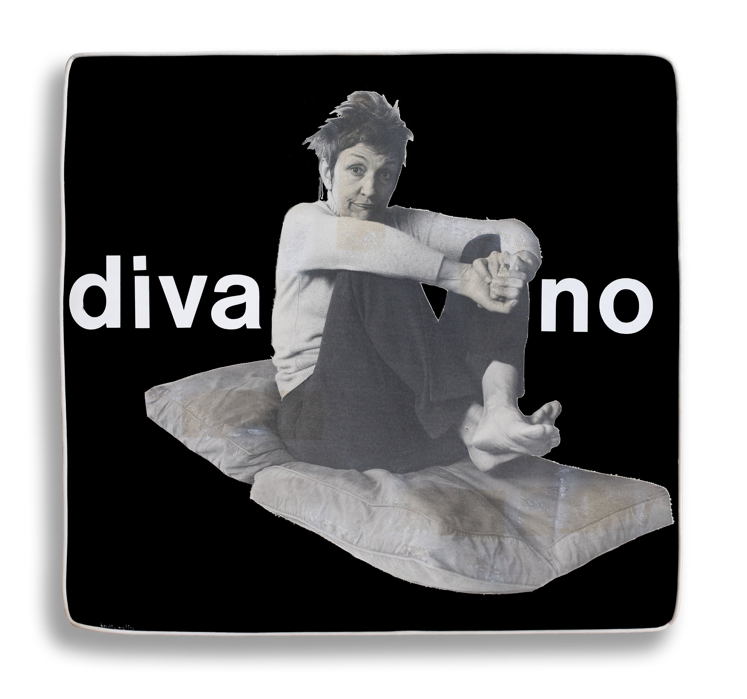 Diva-no, 1973
Collage on sofa cushion in plexiglas box