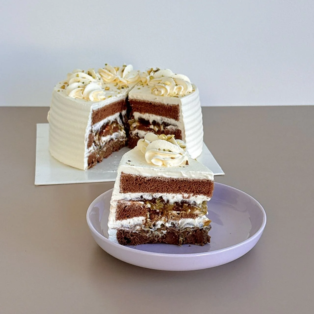 Pistachio Kunafa Chocolate Cake