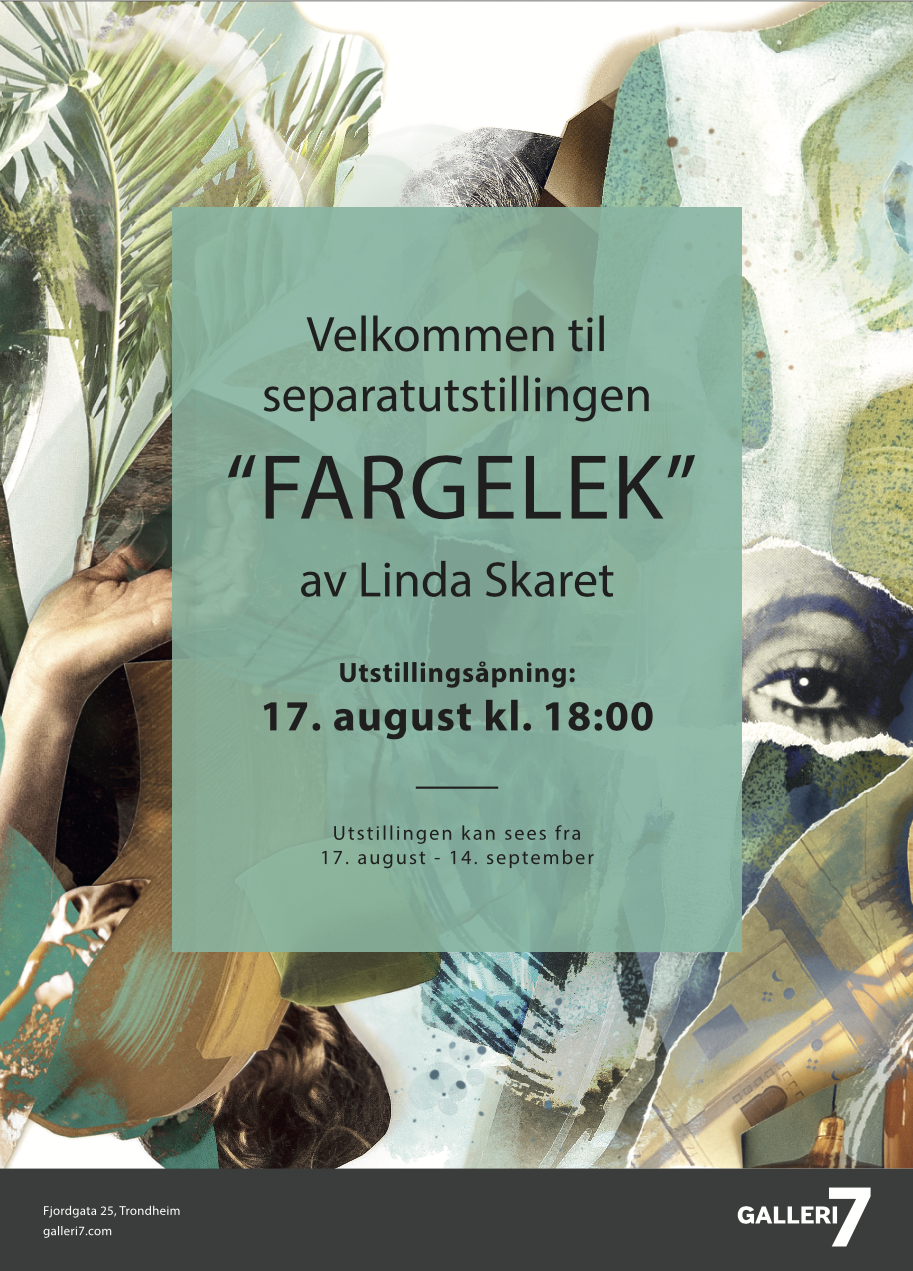 Velkommen til separatutstillingen FARGELEK av Linda Skaret. Utstillingsåpning 17. august kl. 18:00 hos Galleri 7 i Fjordgata 25, Trondheim.