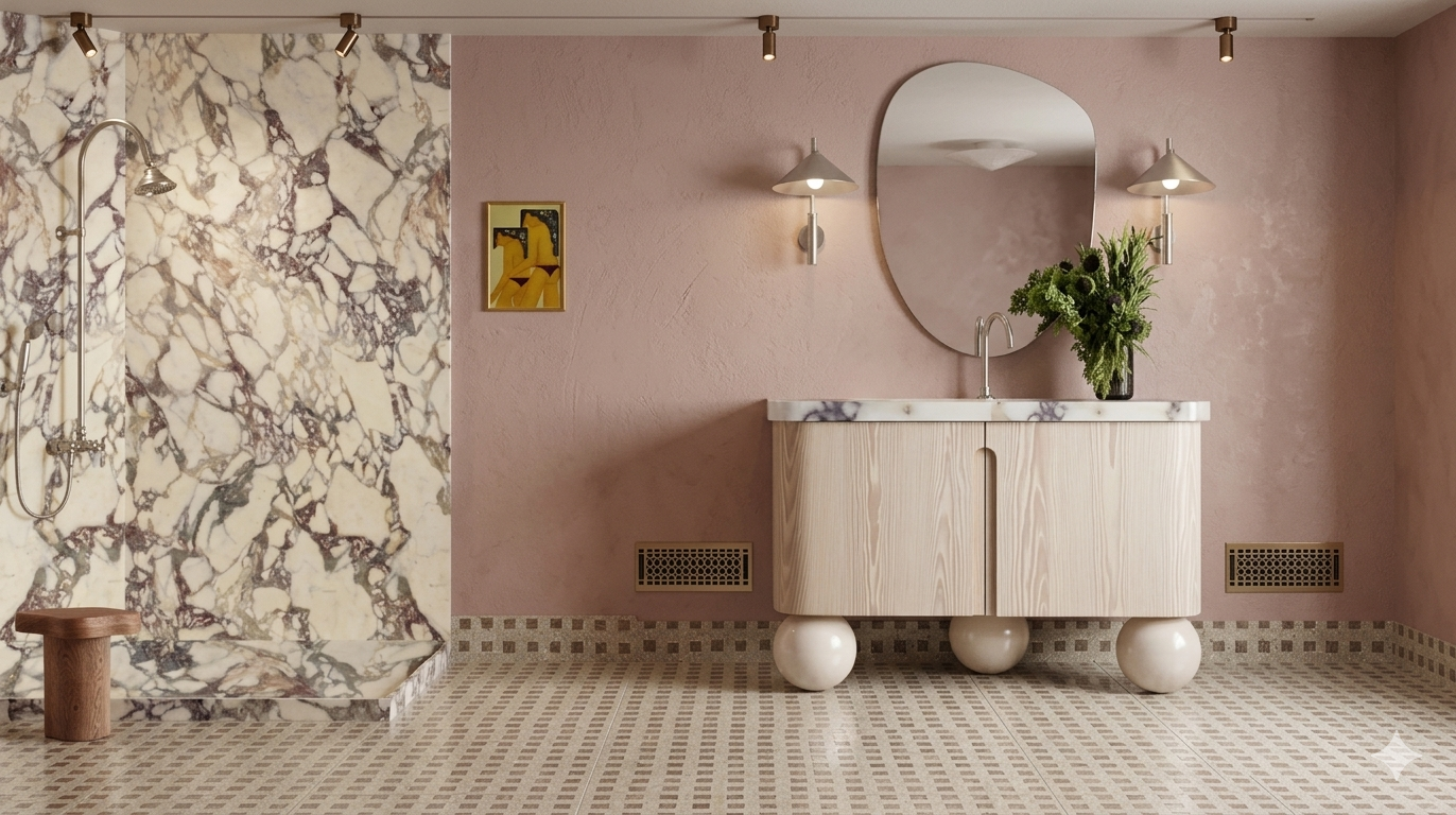 Bathroom interior with a marble shower area, pink textured walls, and a wooden vanity with a marble top. A round mirror, wall sconces, a vase of greenery, and a small framed artwork are also visible.