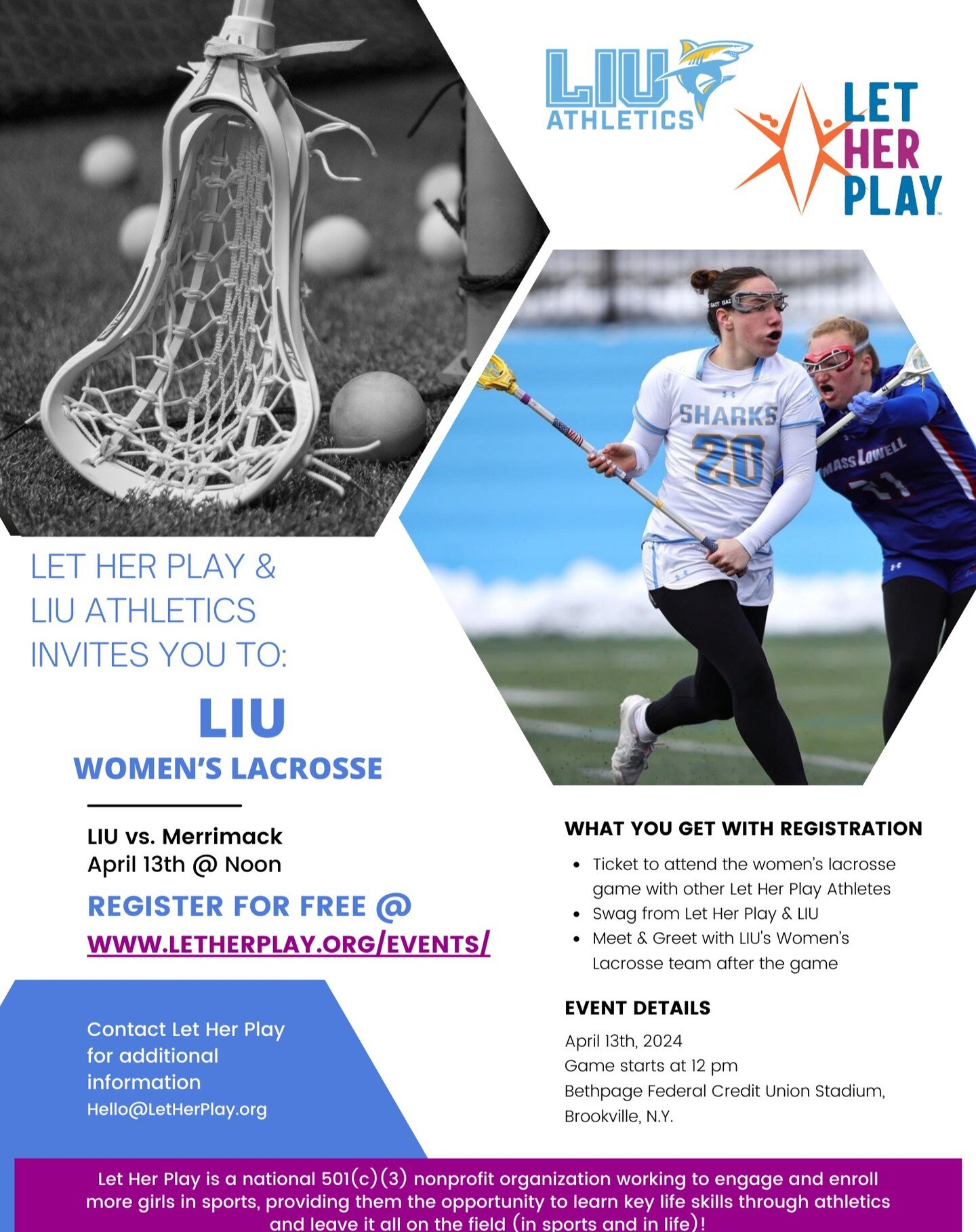 Join Let Her Play and @liuathletics as @liuwlax takes on Merrimack on Saturday, 4/13 at noon.

Register for FREE with Let Her Play to attend the game, meet the LIU team after the game + take home some swag from Let Her Play and LIU Athletics. (link i