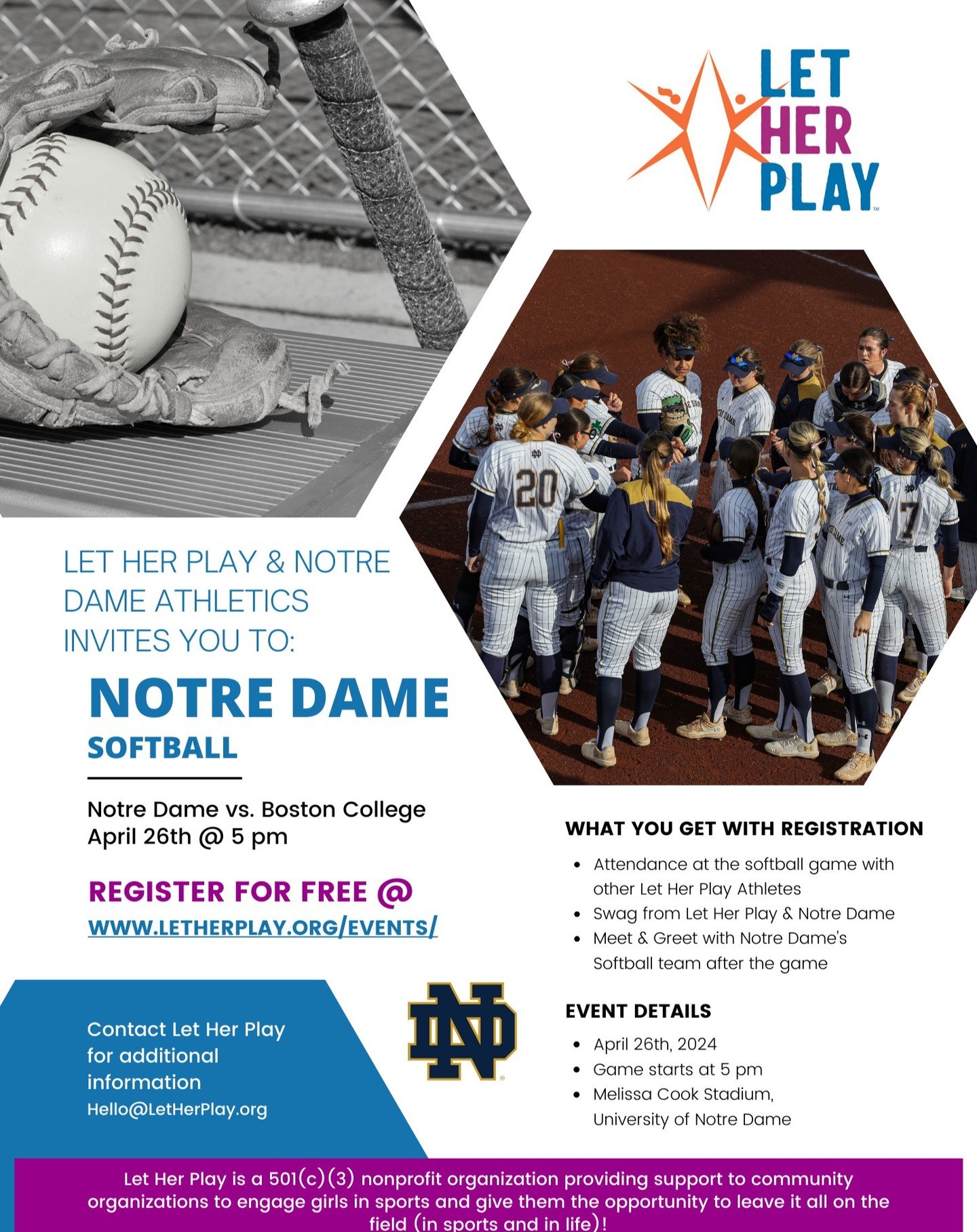 Join Let Her Play and @thefightingirish as @notredamesoftball takes on Boston College on Friday, 4/26 at 5pm.

Register for FREE with Let Her Play to attend the game, meet the Notre Dame team after the game + take home some swag from Let Her Play and