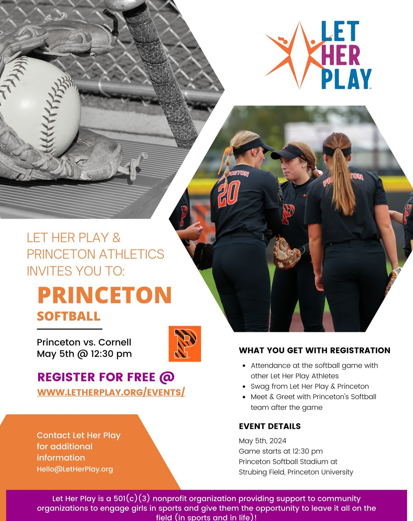 Join Let Her Play and @princetonathletics as @putigersoftball takes on Cornell on Sunday, 5/5 at 12:30 pm!

Register for FREE with Let Her Play to attend the game, meet the Princeton team after the game + take home some swag from Let Her Play and Pri