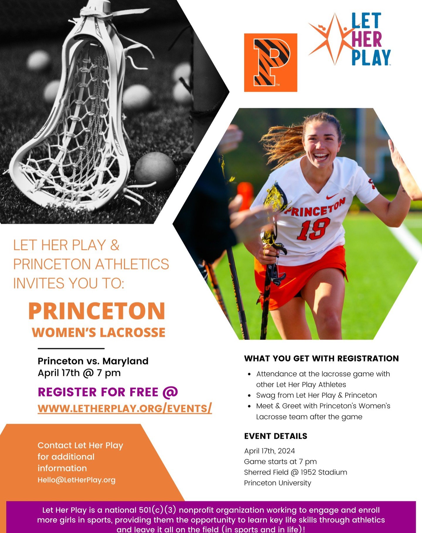 Join Let Her Play and @princetonathletics as @princetonwlax takes on Maryland on Wednesday, 4/17 at 7pm!

Register for FREE with Let Her Play to attend the game, meet the Princeton team after the game + take home some swag from Let Her Play and Princ