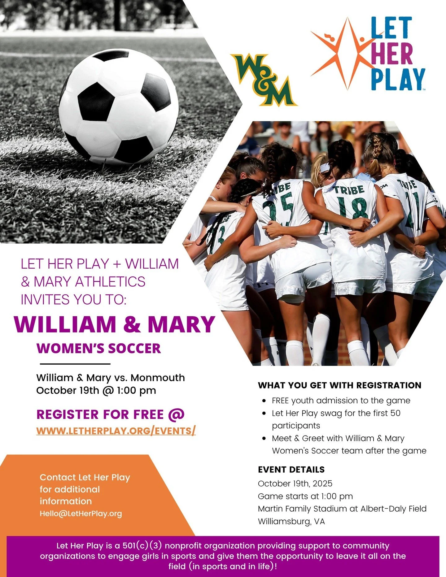 Join us to watch @wmtribewsoc vs. Monmouth on October 19th!

Register with Let Her Play to cheer on the team &amp; meet them after the game, plus take home some swag from Let Her Play &amp; @tribeathletics (link in bio - events)

FREE admission for c