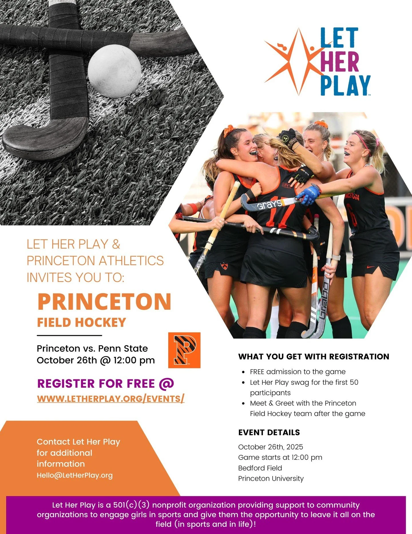 Join Let Her Play and @princetonathletics as @princetonfh takes on Penn State on Sunday, 10/26 @ 12 pm.

Register for FREE with Let Her Play to attend the game, meet the Princeton team after the game + take home some swag from Let Her Play. (registra