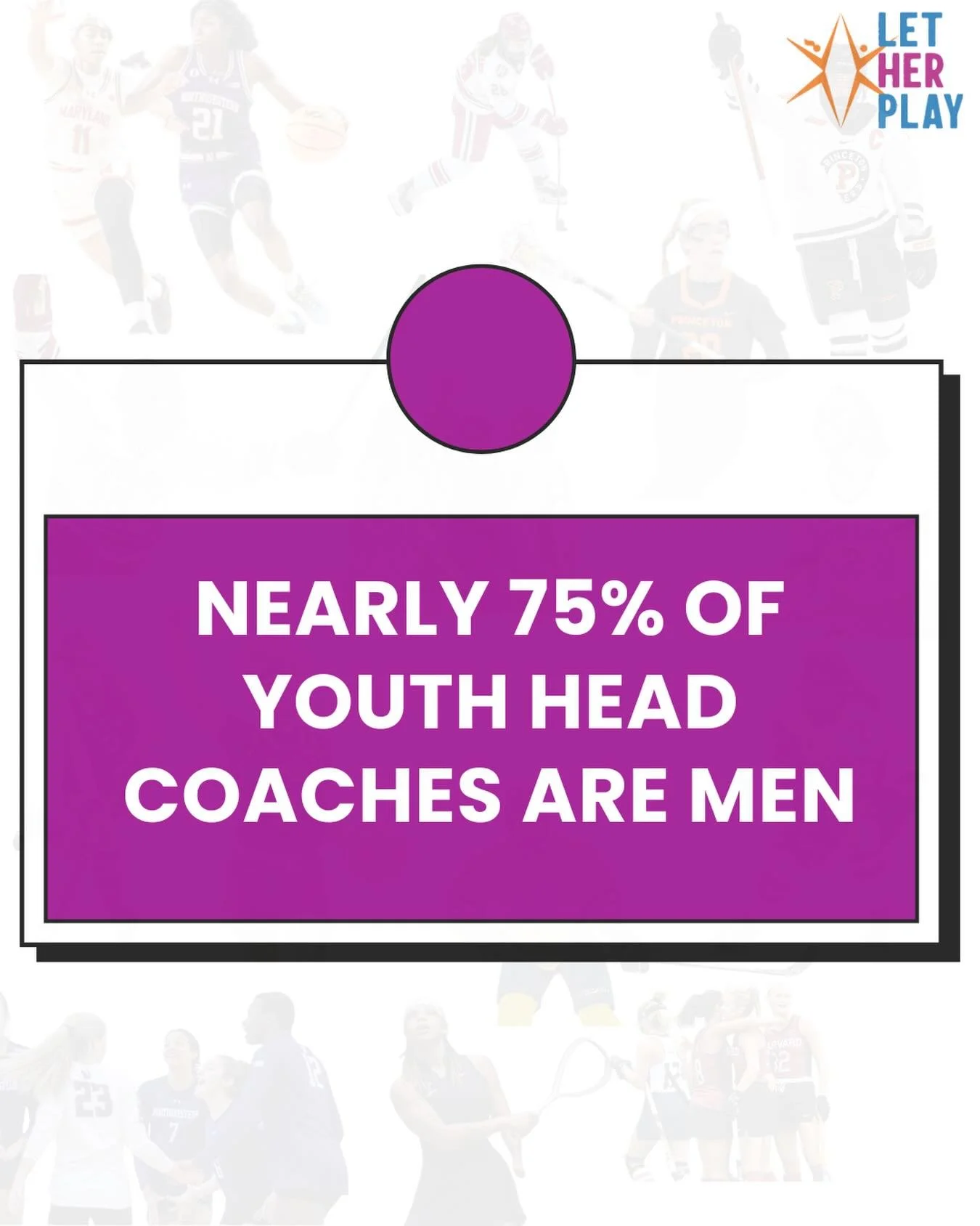 With nearly 75% of youth head coaches being men, girls often miss out on the female leaders they need in sports. Girls deserve more women to look up to in sports. 
#SaturdayStats #FemaleCoaches #RepresentationMatters #GirlsInSports #LetHerPlay