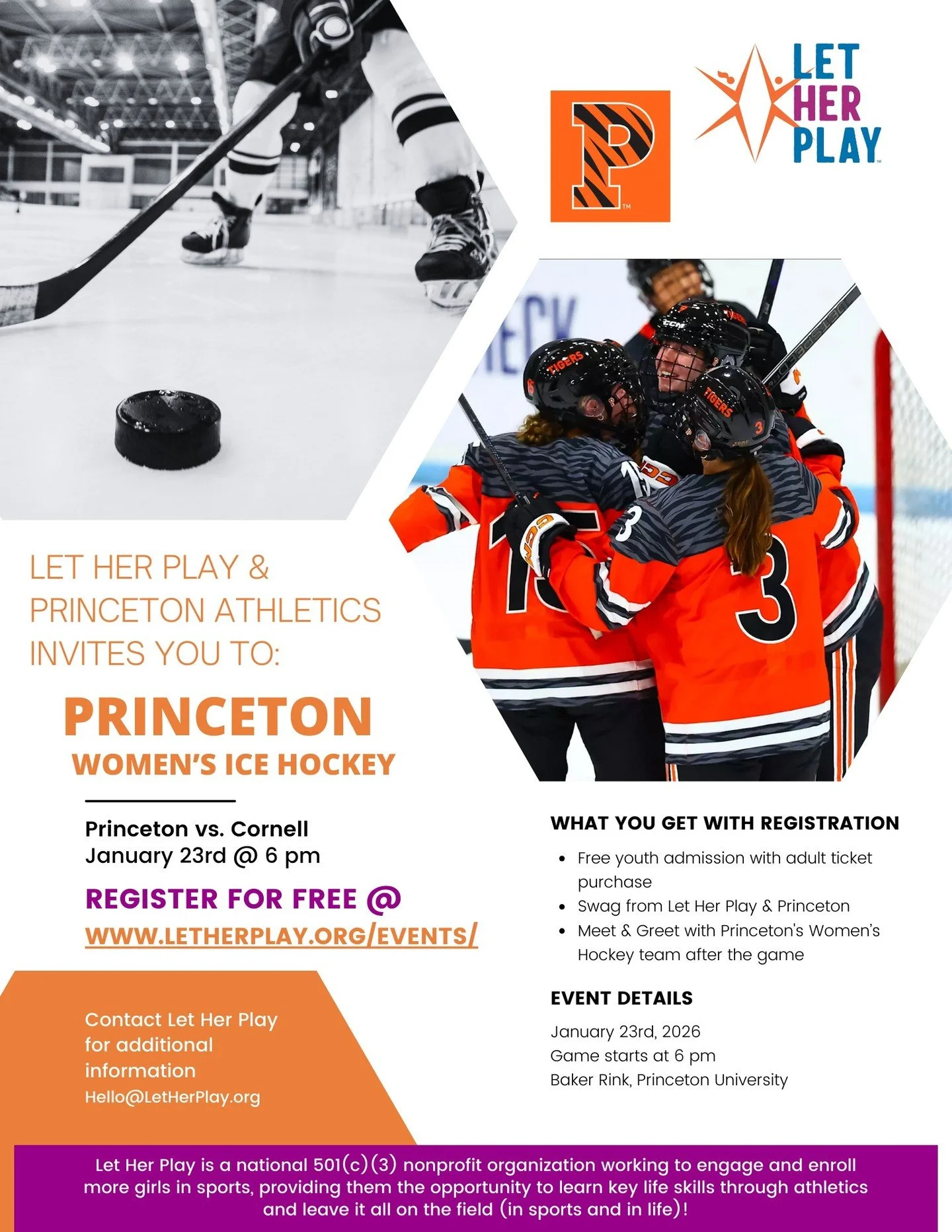 Join Let Her Play and @princetonathletics as @princetonwhockey takes on Cornell on Friday, 1/23 at 6pm.

Register with Let Her Play to get free entry to the game for kids with purchase of an adult ticket, meet the Princeton team after the game + take
