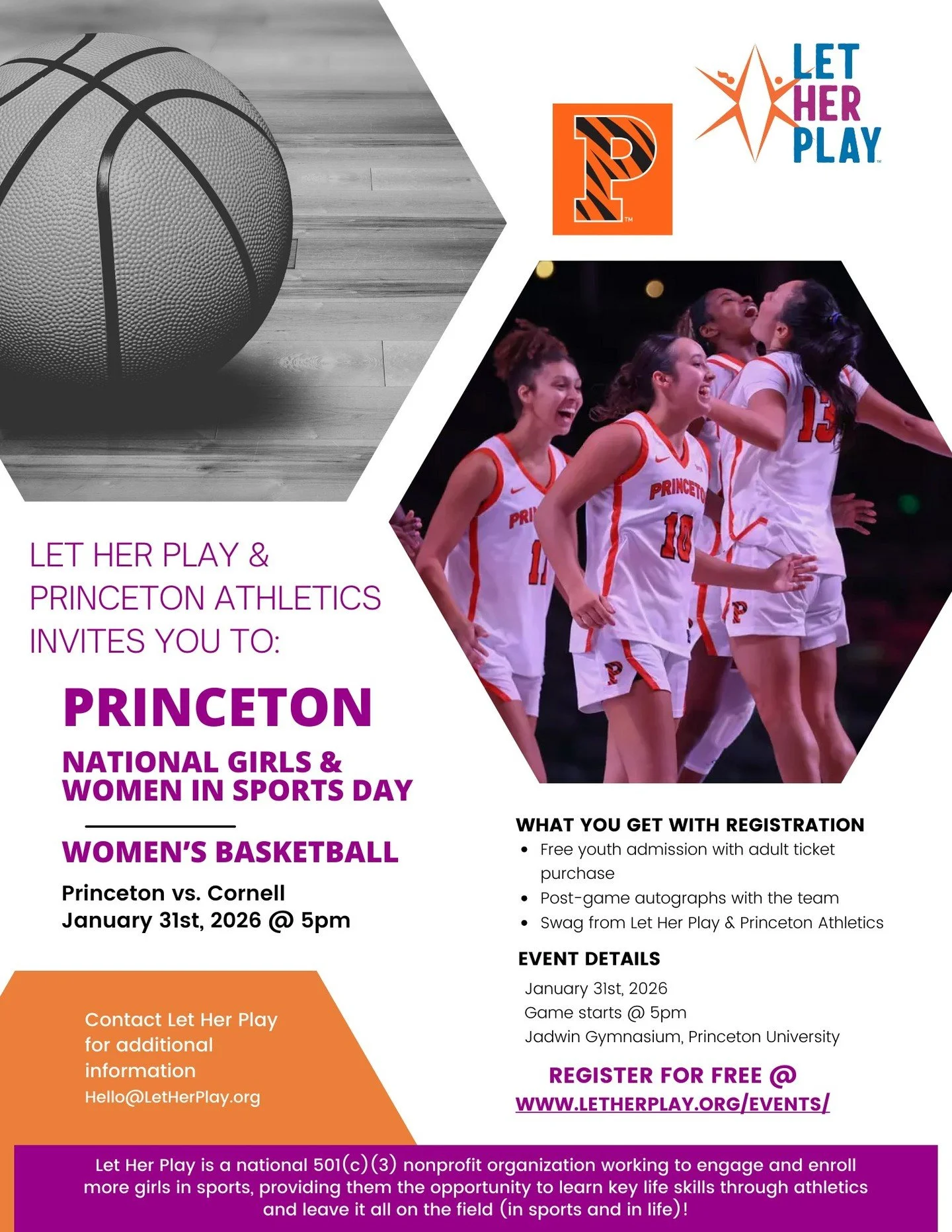 Join Let Her Play and @princetonathletics as @princetonwbb takes on Cornell on Saturday, 1/31 at pm.

Register with Let Her Play to get free entry to the game for kids with purchase of an adult ticket, meet the Princeton team after the game + take ho