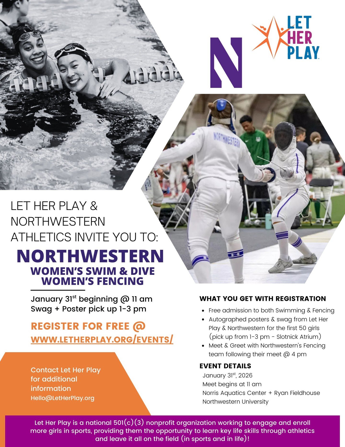 Join Let Her Play and @nu_sports as the women of @nuwfencing and @nuswimdive compete on Saturday, 1/31 beginning at 11 am.

Register with Let Her Play to take home some autographed posters + swag from Let Her Play and Northwestern Athletics. (link in