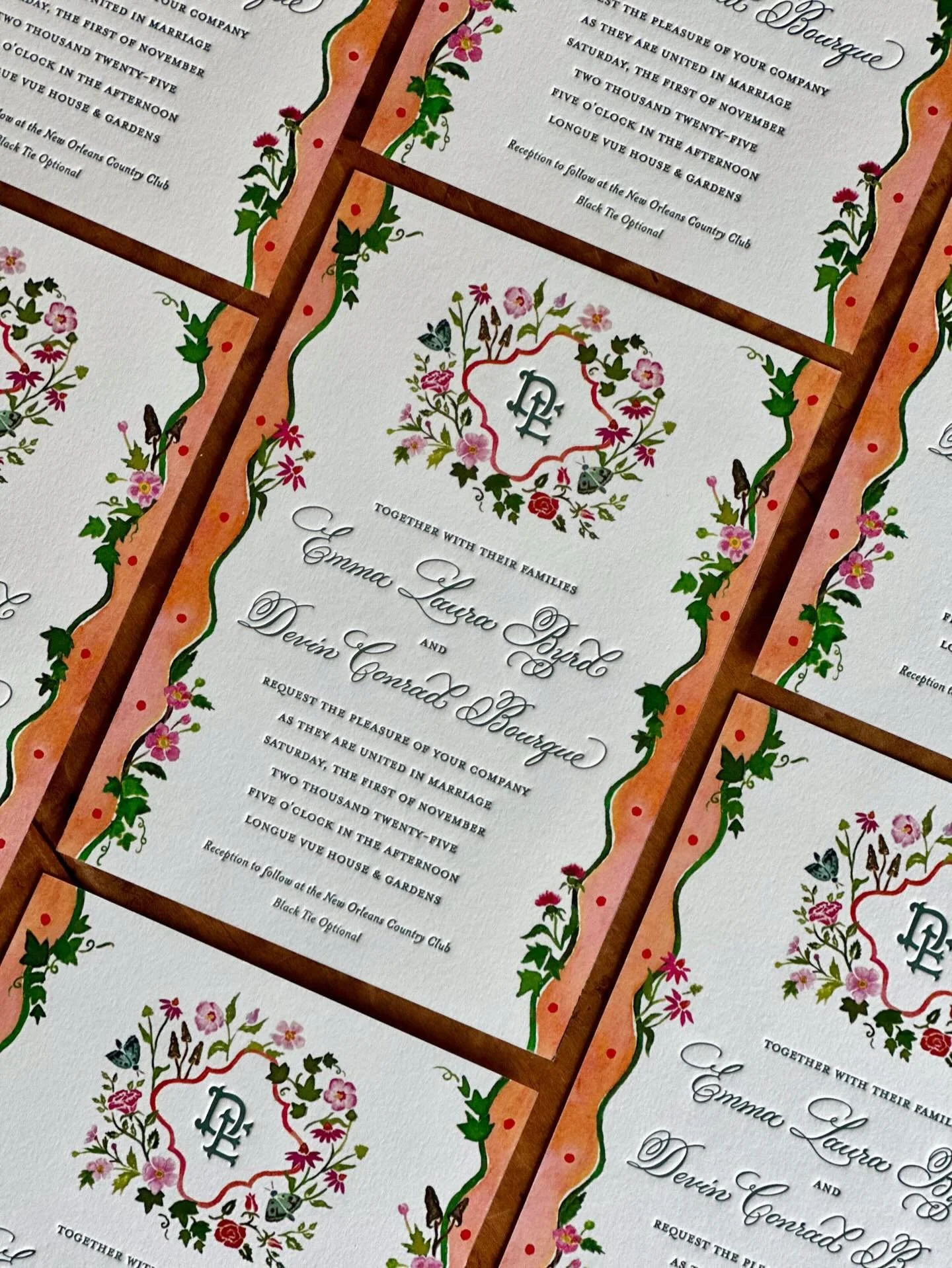 Emma &amp; Devin 🌸🍄&zwj;🟫🌹 1 November 2025
⠀⠀⠀⠀⠀⠀⠀⠀⠀
Script lettering by the fantastic @calligraphyartsnyc and letterpress printed beautifully by @czarpress