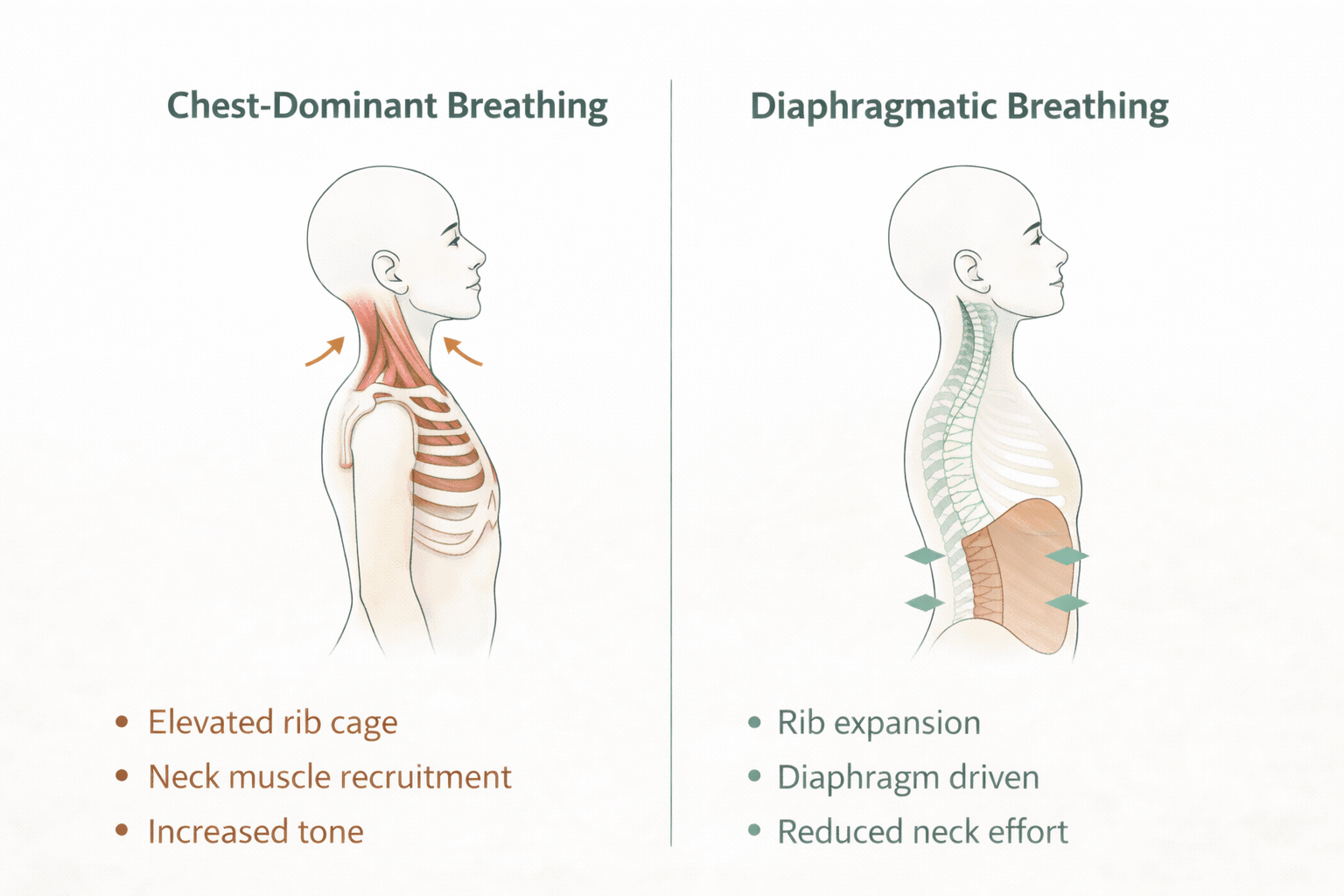 Comparison of chest-dominant breathing versus more diaphragmatic breathing and their effect on neck and shoulder muscle effort.