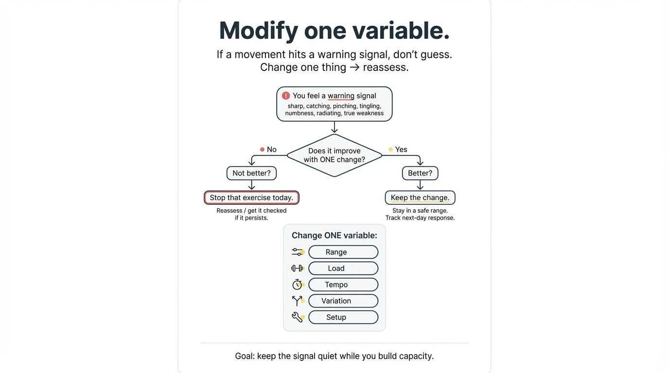 Infographic flowchart titled "Modify one variable" showing how to adjust one training variable and reassess when a movement triggers a warning signal.