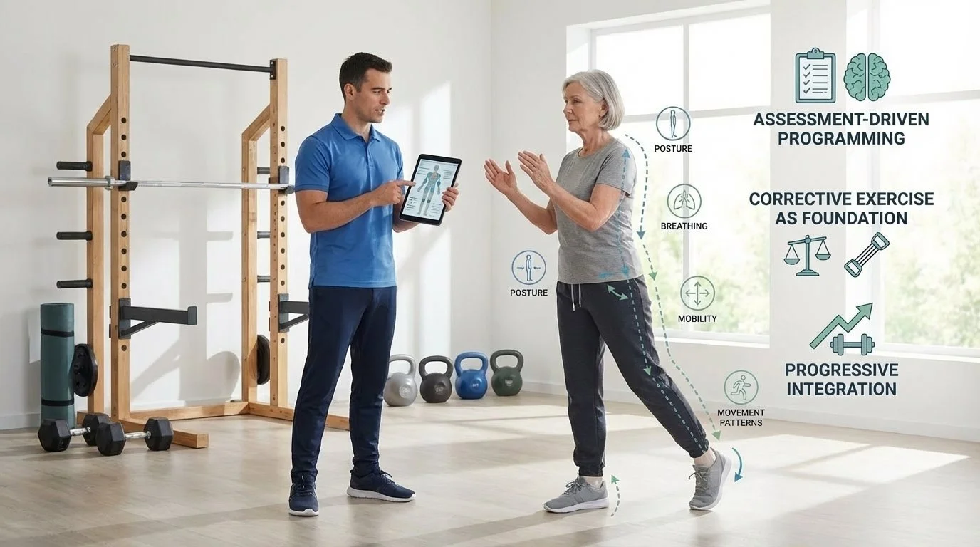 Trainer coaching an older adult in a private gym with an overlay showing the UHF approach: assessment-driven programming, corrective exercise as foundation, and progressive integration.