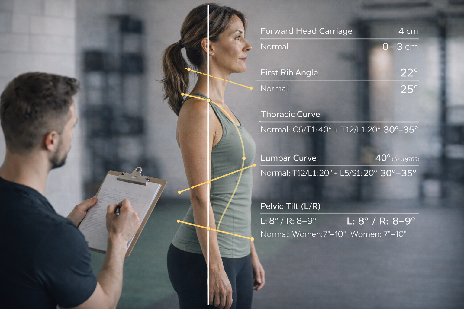 Trainer documenting a side-profile posture assessment with alignment markers and measurement callouts in a private gym setting.
