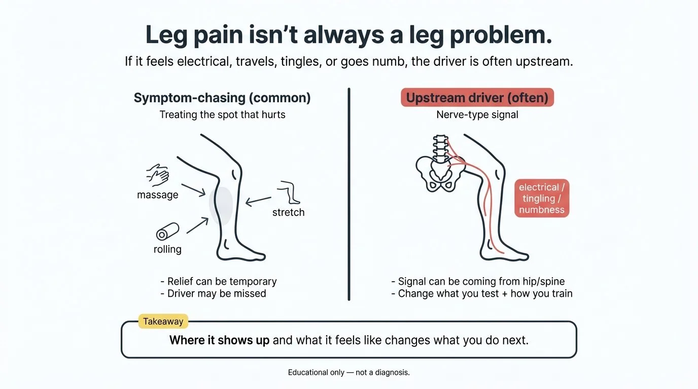 Educational infographic showing that leg pain can come from an upstream driver such as the hip or spine, contrasting symptom-chasing tactics like massage and stretching with assessing nerve-type signals.