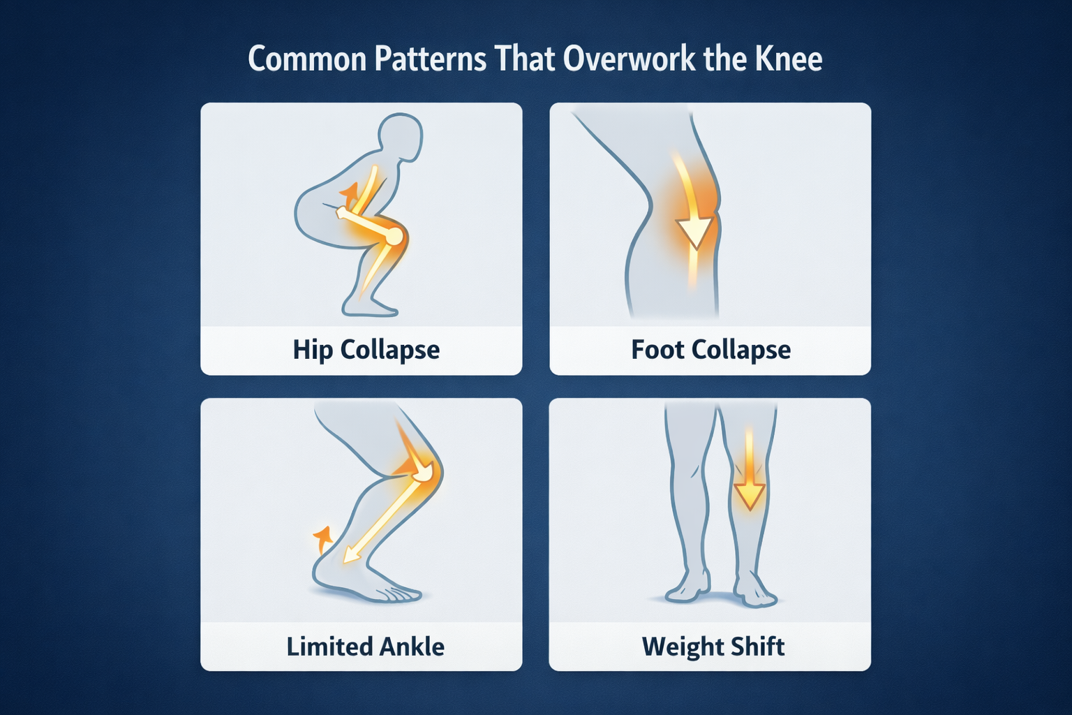 Infographic illustrating common compensation patterns that contribute to chronic knee pain, including hip collapse, foot dysfunction, limited ankle mobility, and weight shift.