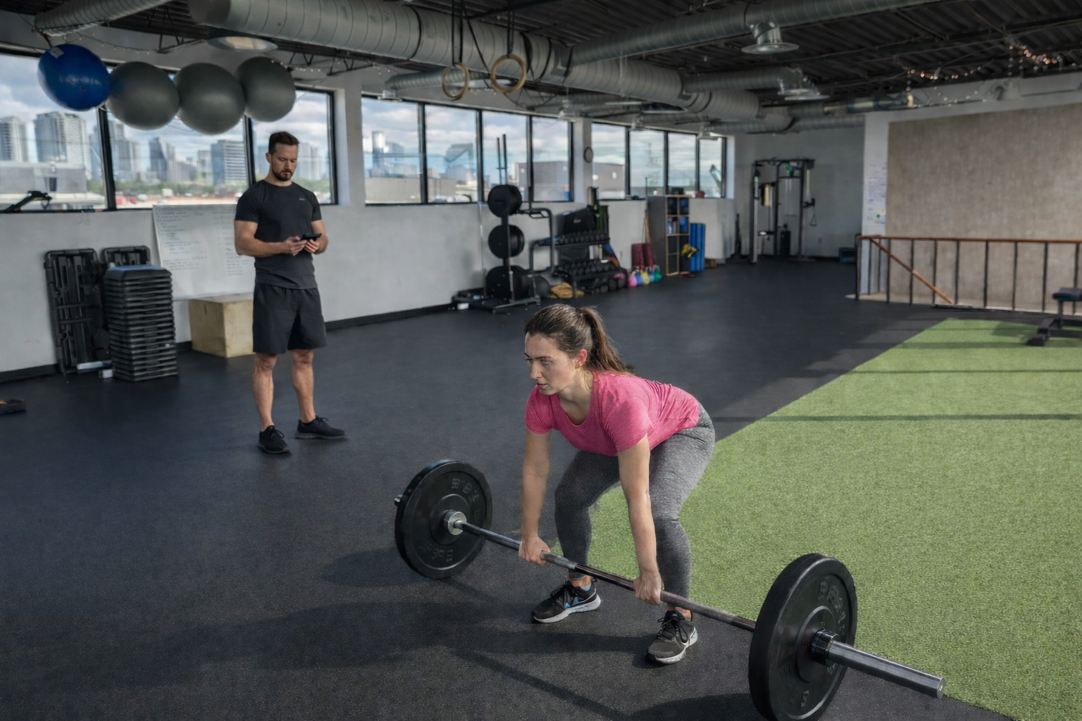 Personal trainer observing a woman performing a barbell deadlift during a movement assessment at a private gym in Etobicoke.