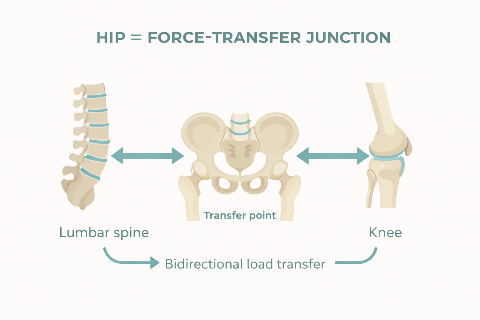 Simple diagram showing the hip as a force-transfer junction between the lumbar spine and the knee, illustrating how load can shift up to the back or down to the knee.