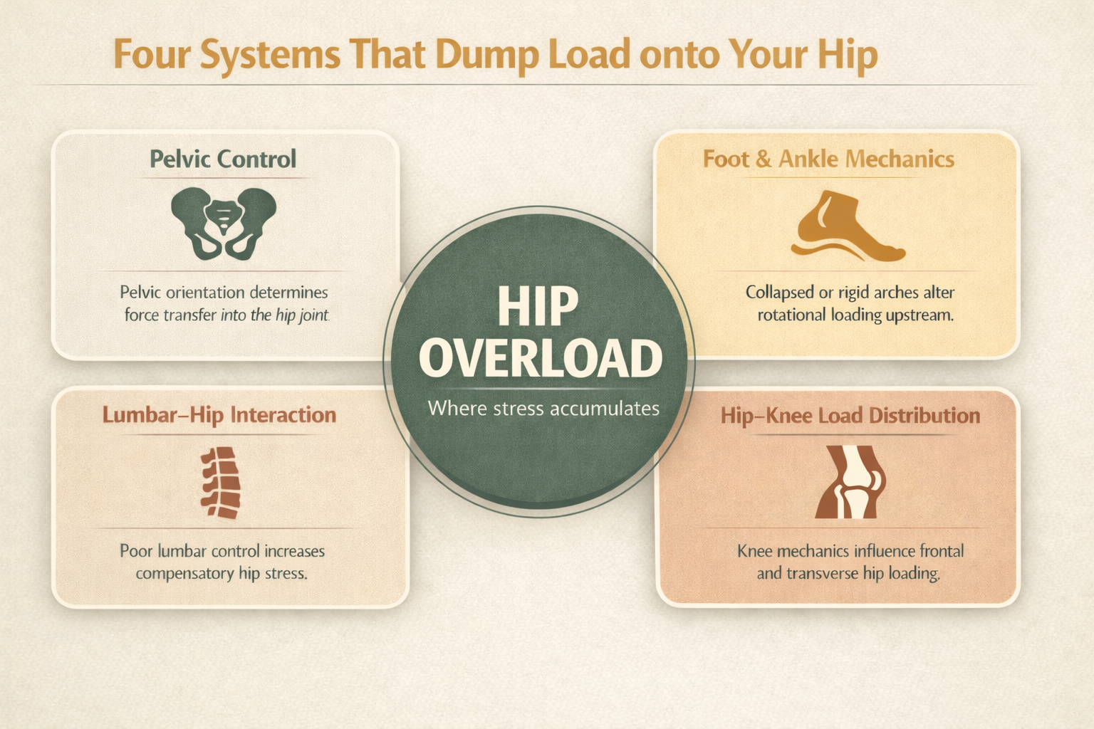 Framework graphic showing four contributors to hip overload: pelvic control, foot and ankle mechanics, lumbar-hip interaction, and hip-knee load distribution.