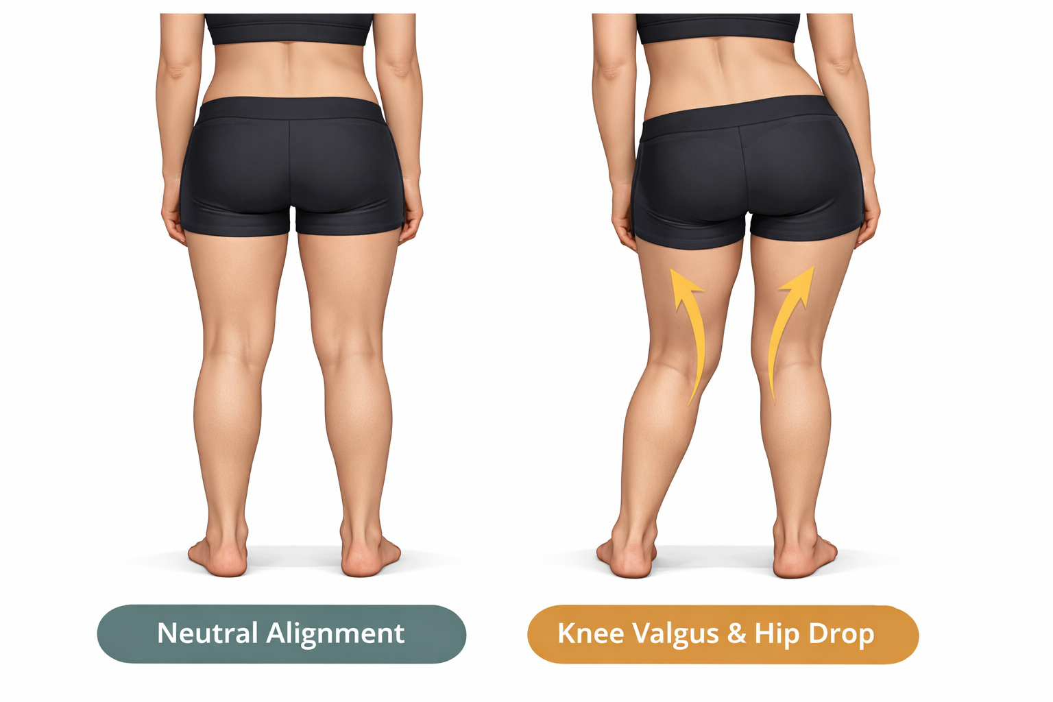 Side-by-side comparison showing neutral lower-body alignment versus knee valgus and hip drop, with arrows highlighting inward knee collapse and hip drop.