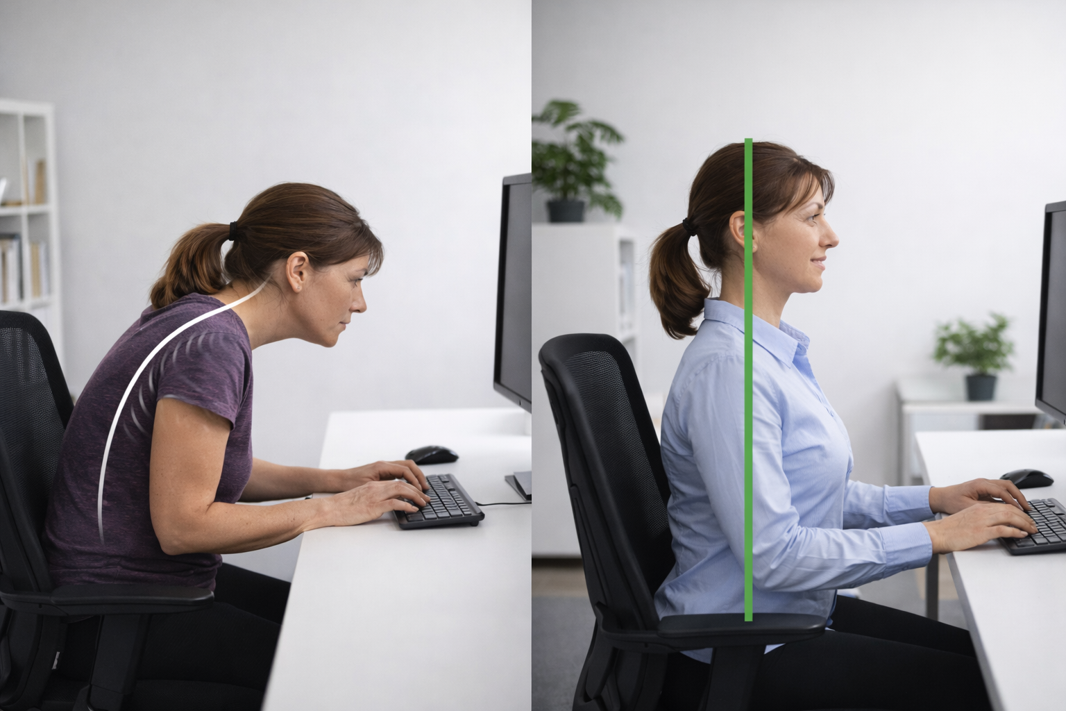 Split image showing slouched computer posture with forward head and rounded shoulders compared to proper seated desk posture.