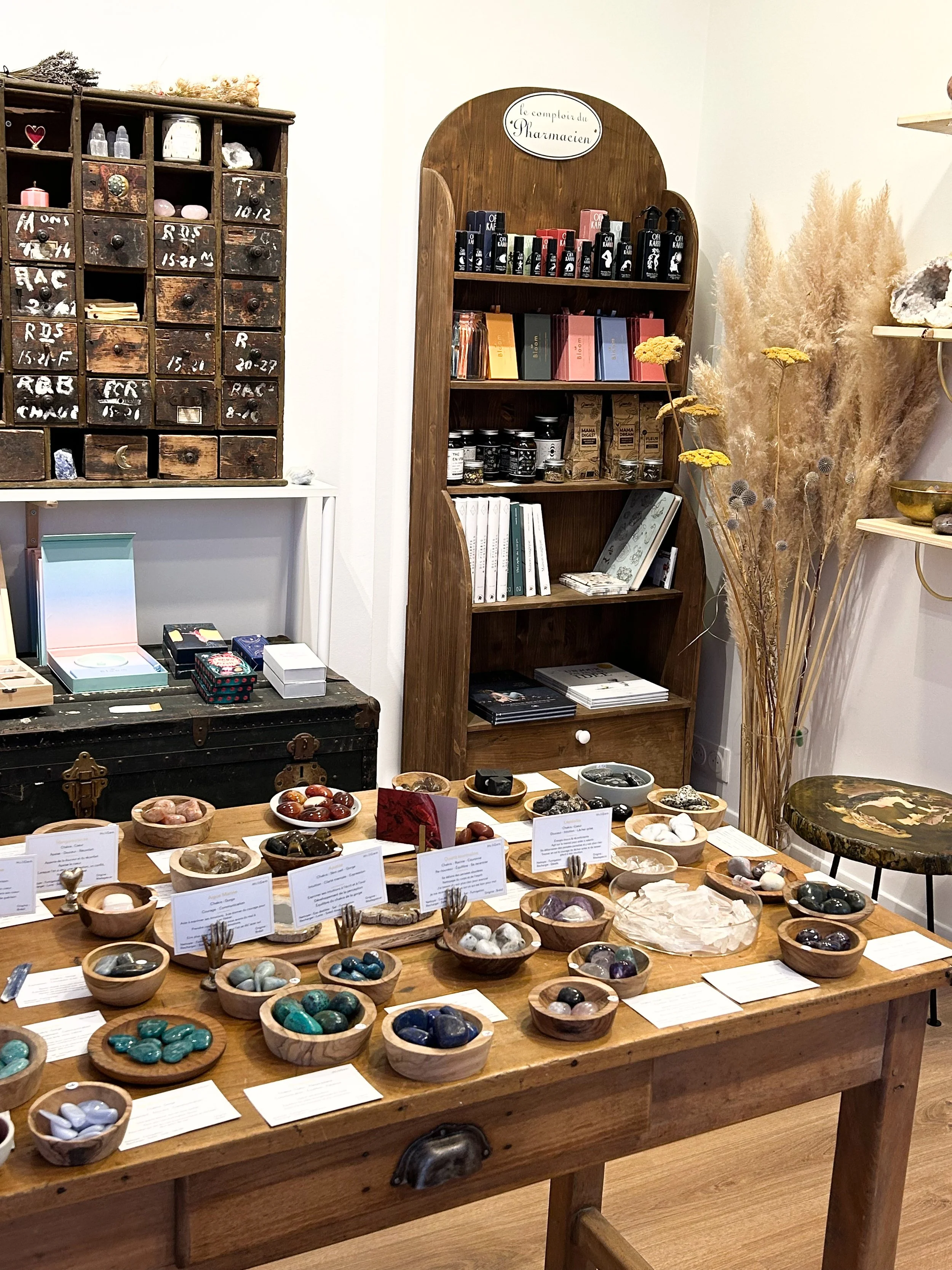 Tableau avec des petites pierres ou cristaux colorés dans des bols en bois, étiquettes explicatives. En arrière-plan, étagères avec des boîtes en bois, des produits en flacon, un cabinet en bois, des décorations végétales sèches.