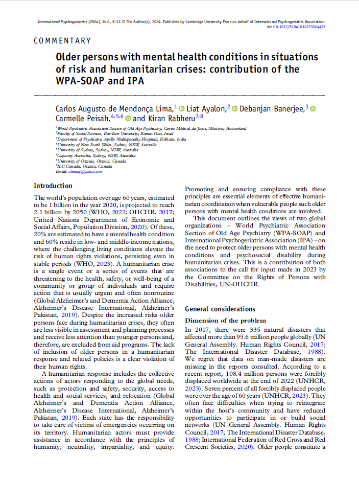Older persons with mental health conditions in situations of risk and humanitarian crises