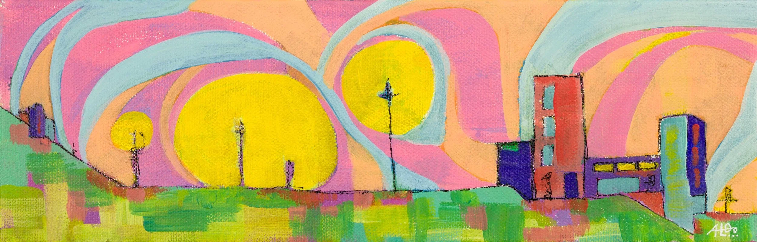 One of a series of 12" x 4" landscape paintings inspired while traveling through Sonoma, Napa and San Joaquin Valleys.