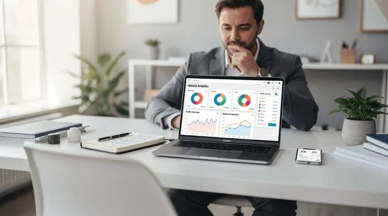 Man in gray suit looking at a laptop with website analytics graphs on the screen, on a white office desk with notebook, pen, and potted plant