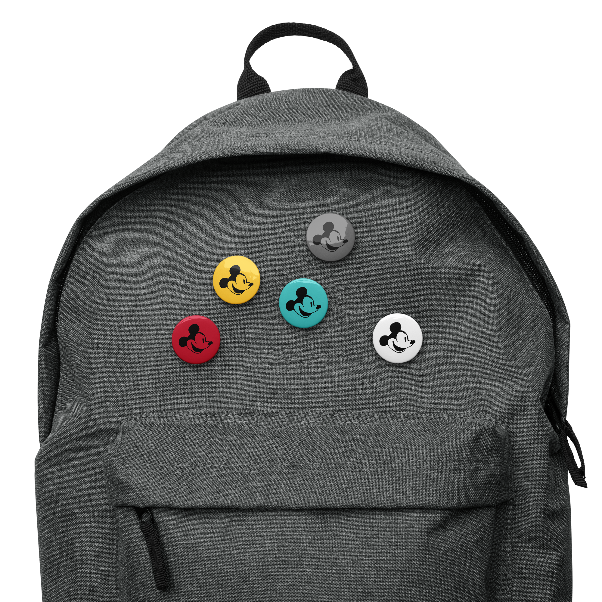 Steamboat Willie Mickey Mouse Button Set on a Gray Backpack