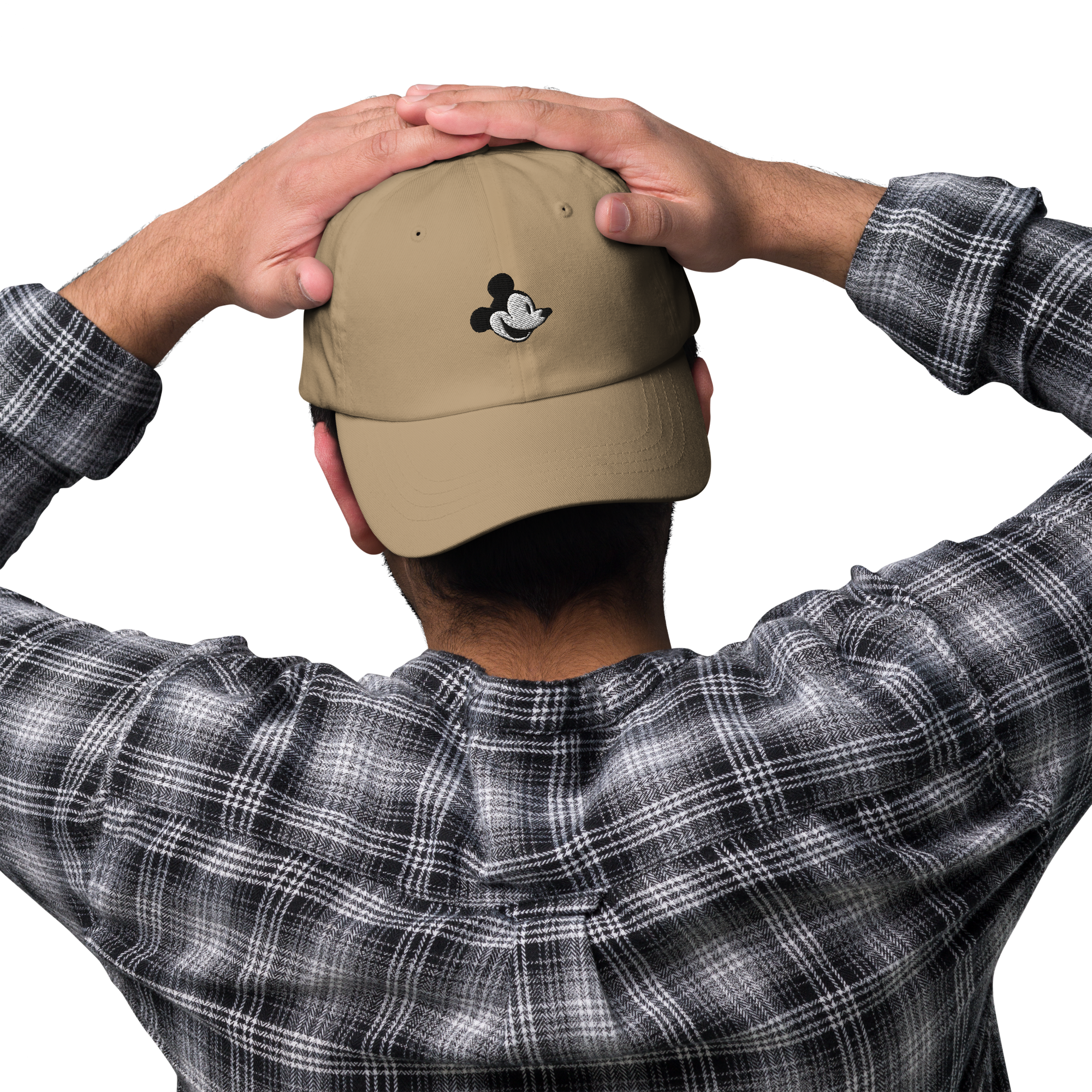 Edit Steamboat Willie Micke Mouse Black and White Retro Khaki Hat worn by a white man in a blue plaid shirt