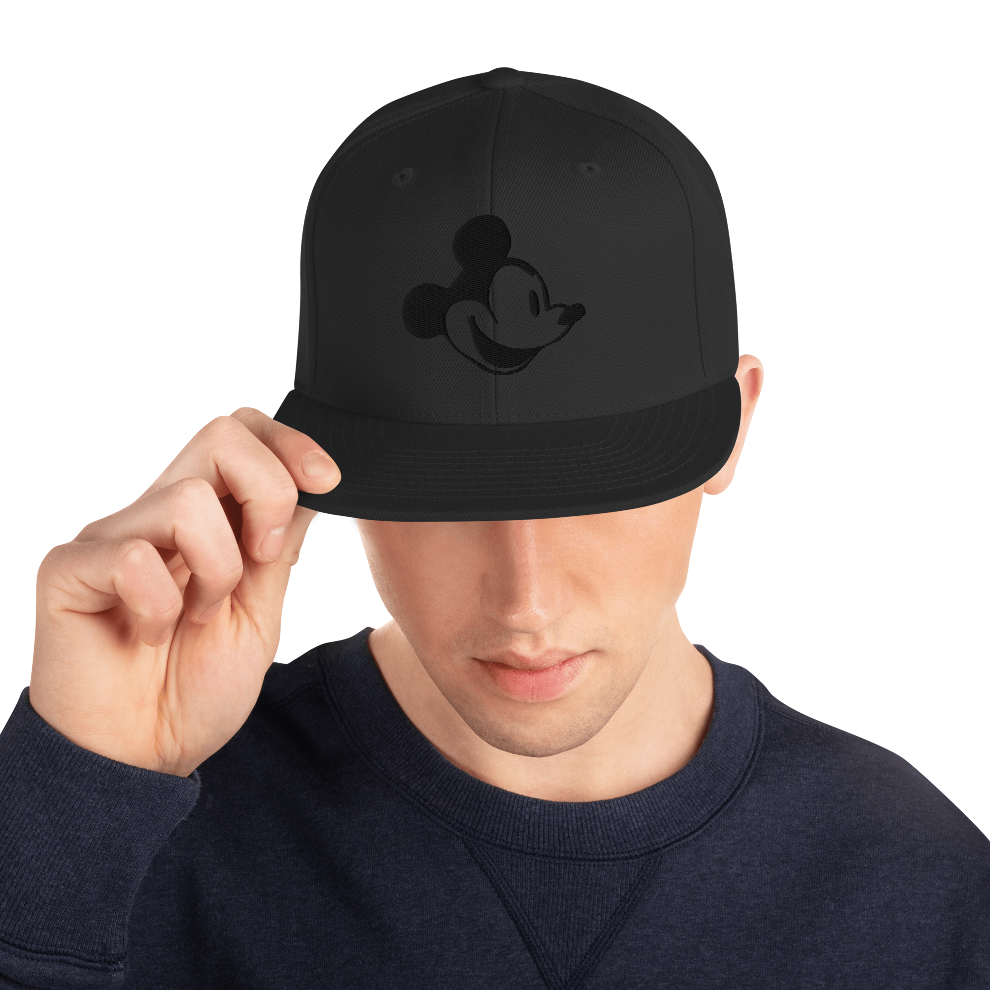 Steamboat Willie Vintage Mickey Mouse Black Embroidered Black Snapback Hat