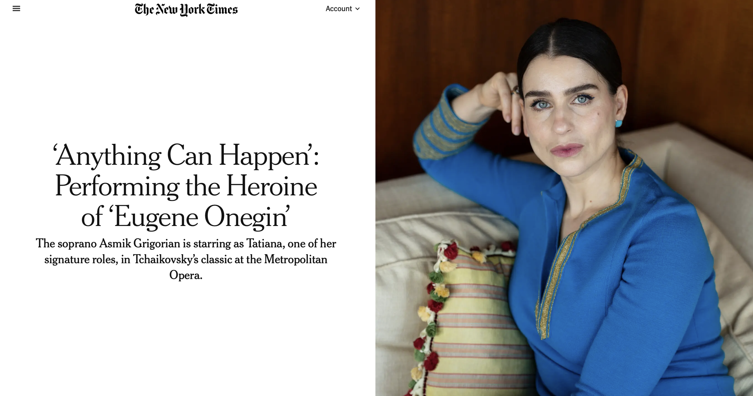 NYTimes Article / ‘Anything Can Happen’: Performing the Heroine of ‘Eugene Onegin’